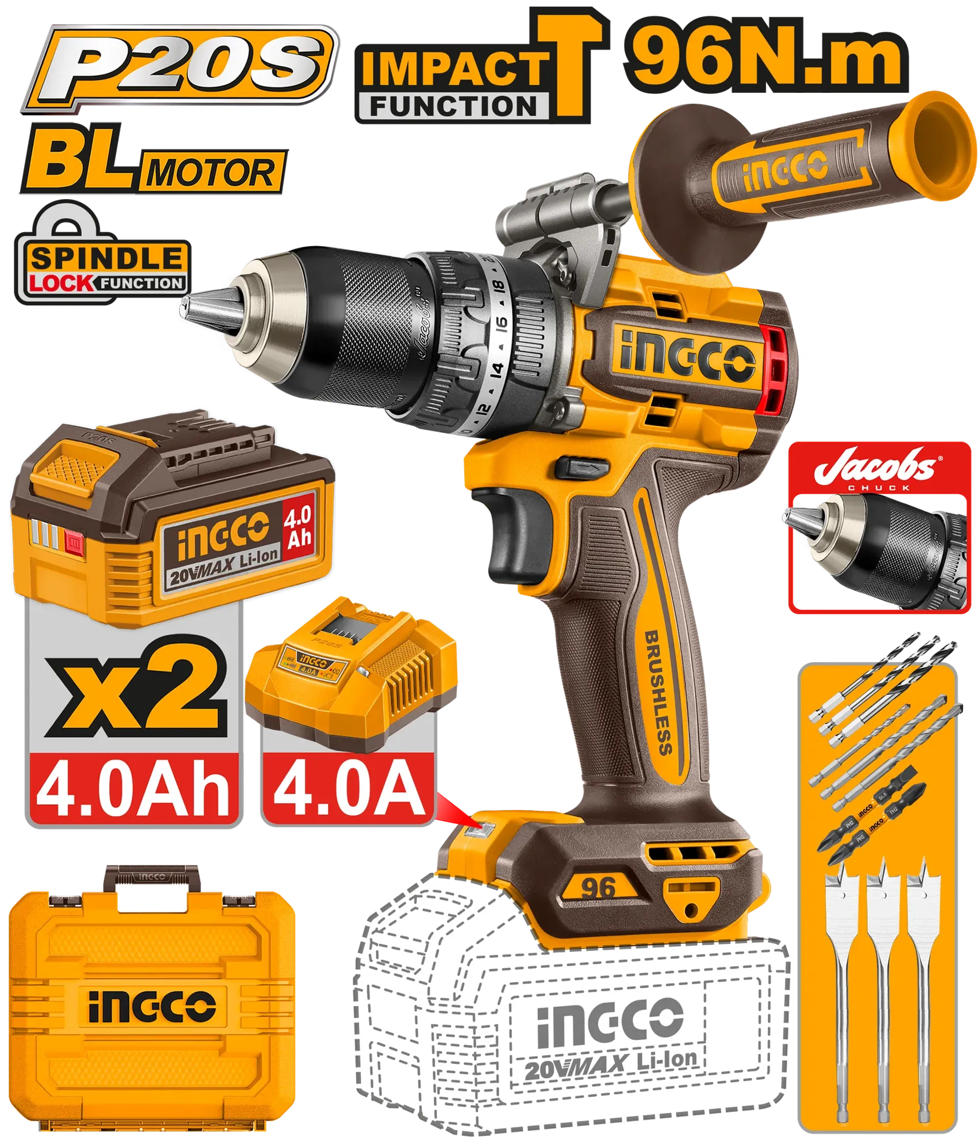 Gjuese përputhese 96Nm 20V 2x4.0Ah batteri INGCO CIDLI209686