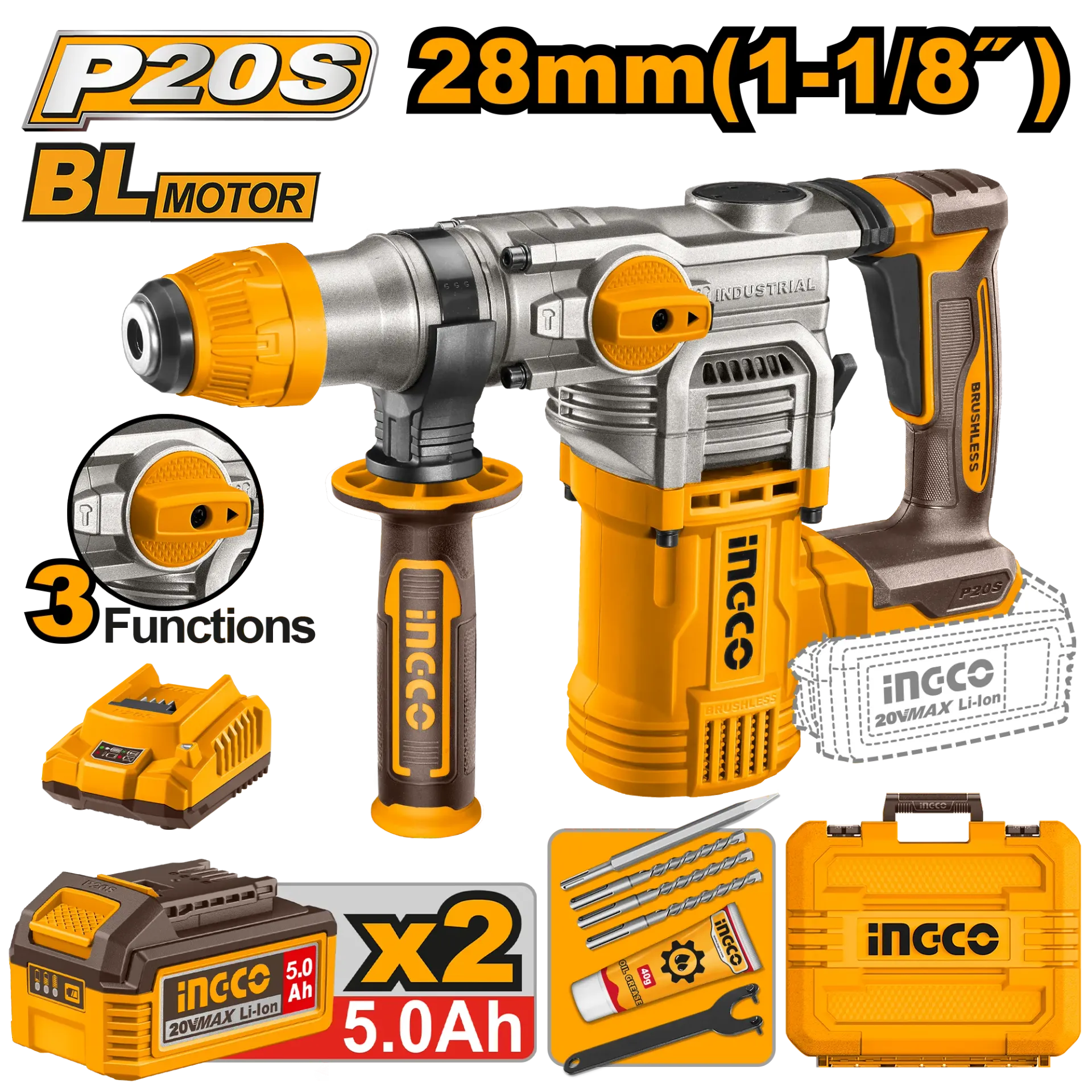 Çekiç dhurator me goditje SDS+ 20V 2x5.0Ah 28mm INGCO CRHLI202885