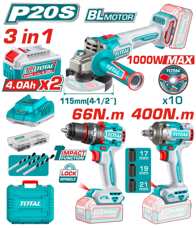 БАТЕРИСКИ COMBO СЕТ 3/1 20V 2×4.0Ah TOTAL TOSLI241291