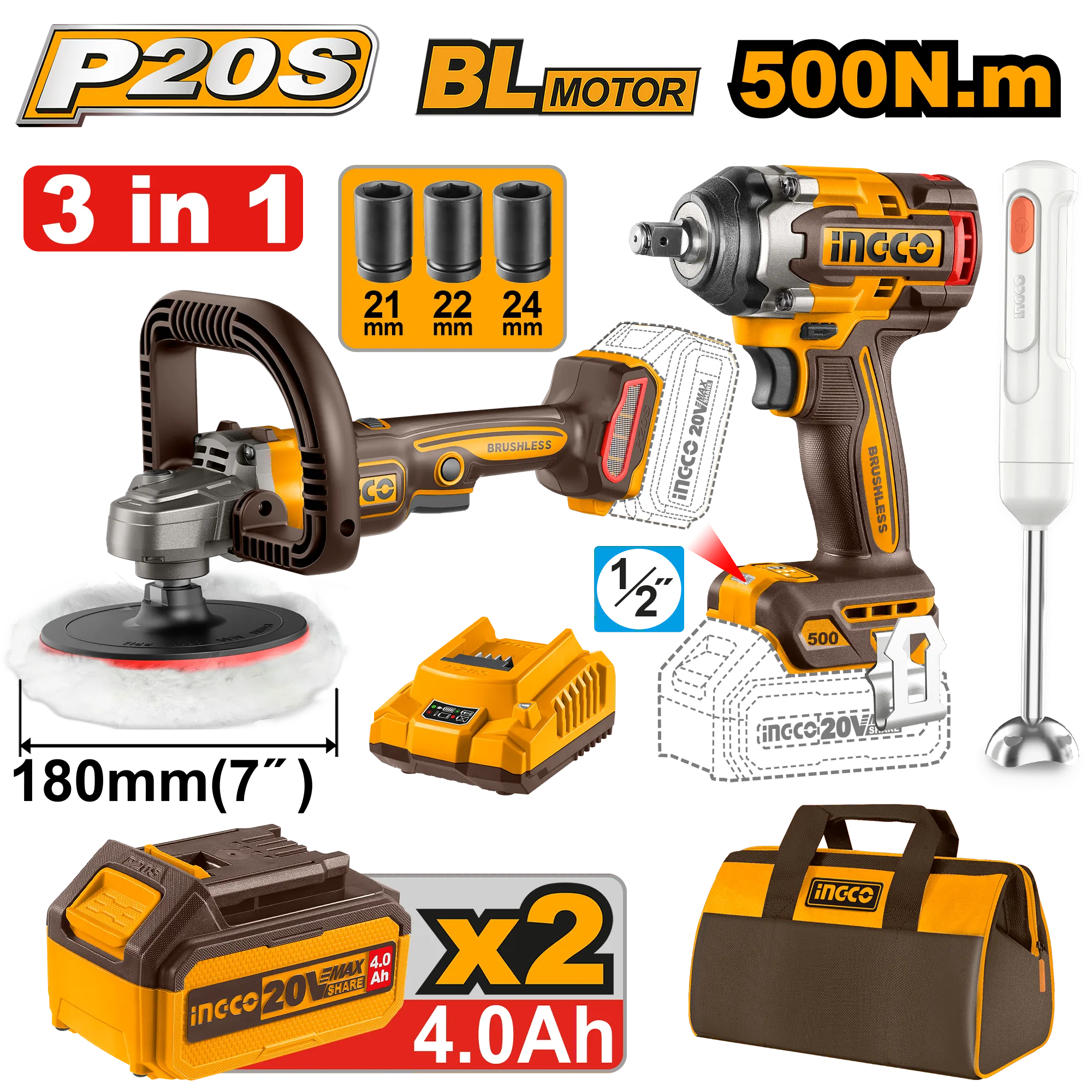 Seti kombo me bateri 20V INGCO 3/1 poliruese 180 + odvrtues i goditjes 500Nm + blender i dores - COSLI240686