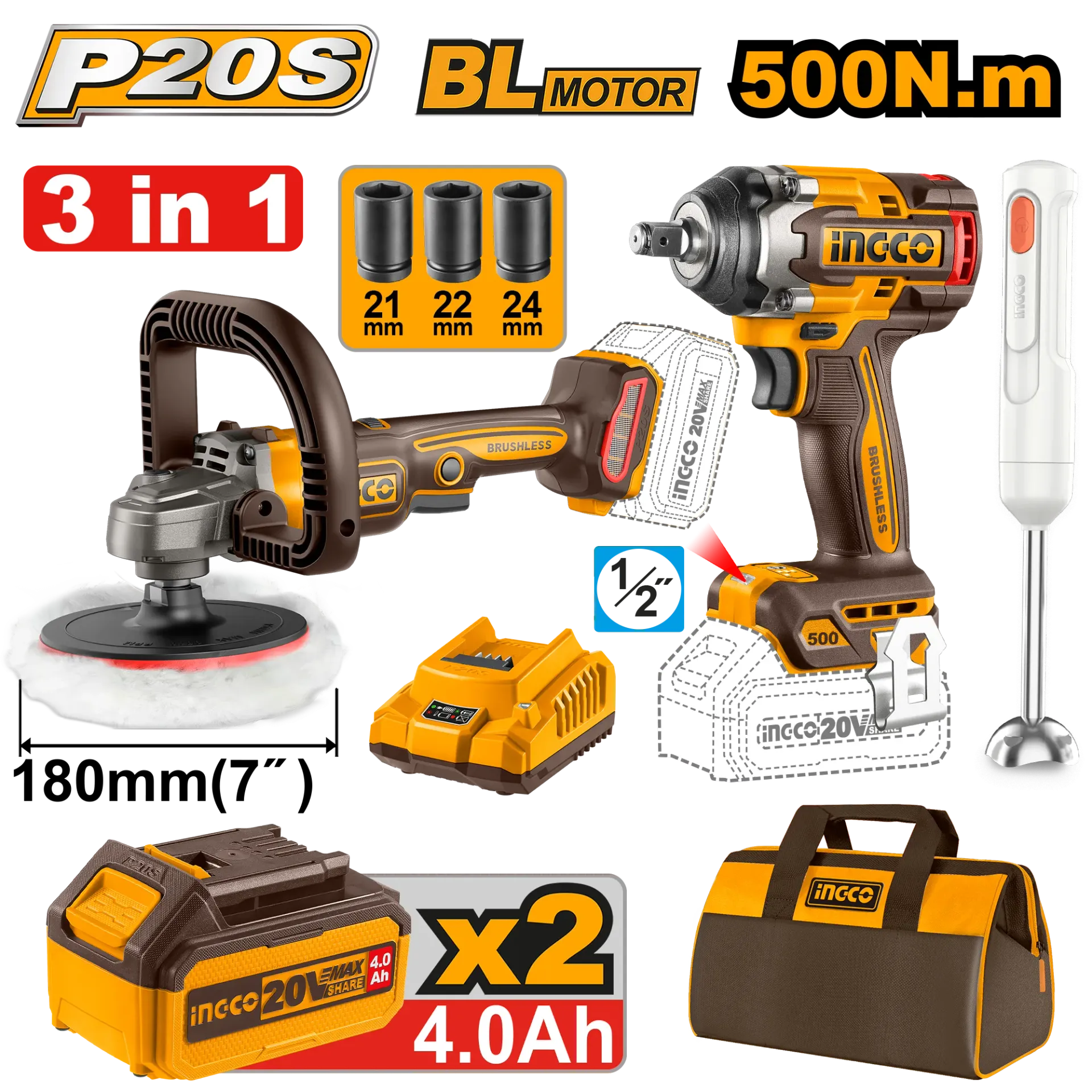 Seti kombo me bateri 20V INGCO 3/1 poliruese 180 + odvrtues i goditjes 500Nm + blender i dores - COSLI240686