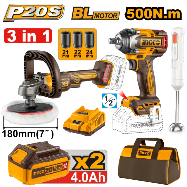 БАТЕРИСКИ COMBO СЕТ 20V INGCO 3/1 ПОЛИРКА 180 + УДАРЕН ОДВРТУВАЧ 500Nm + РАЧЕН БЛЕНДЕР- COSLI240686