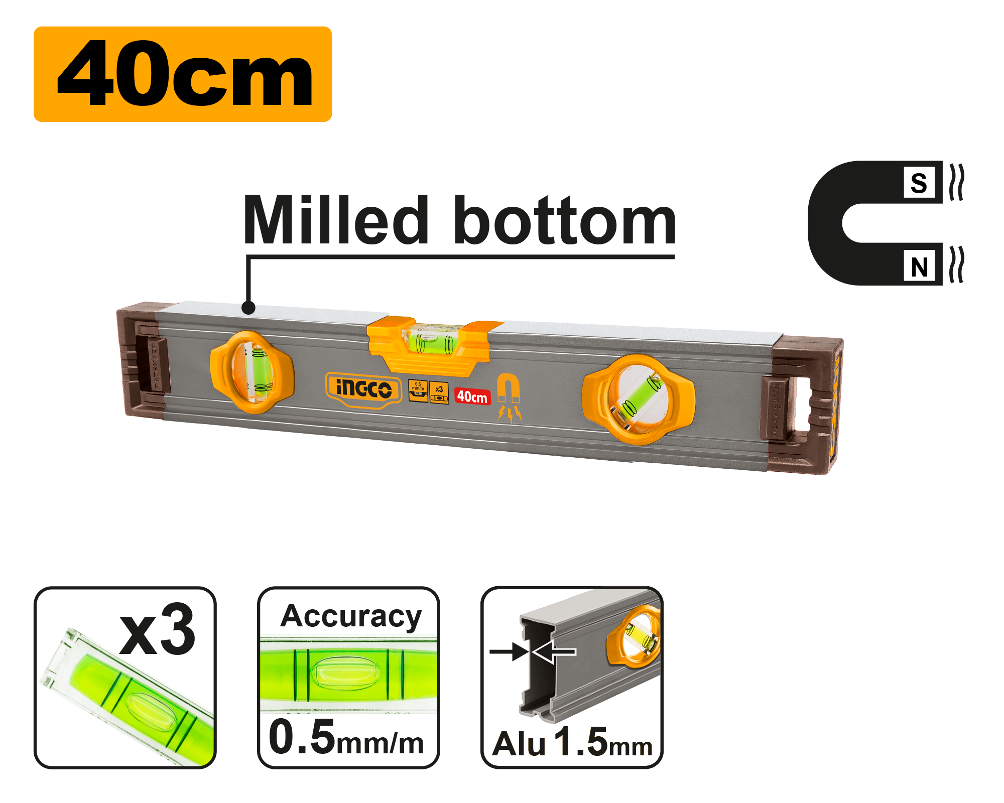 Shkallë ujëduksi libela me magnet 40CM INGCO HSL38040M