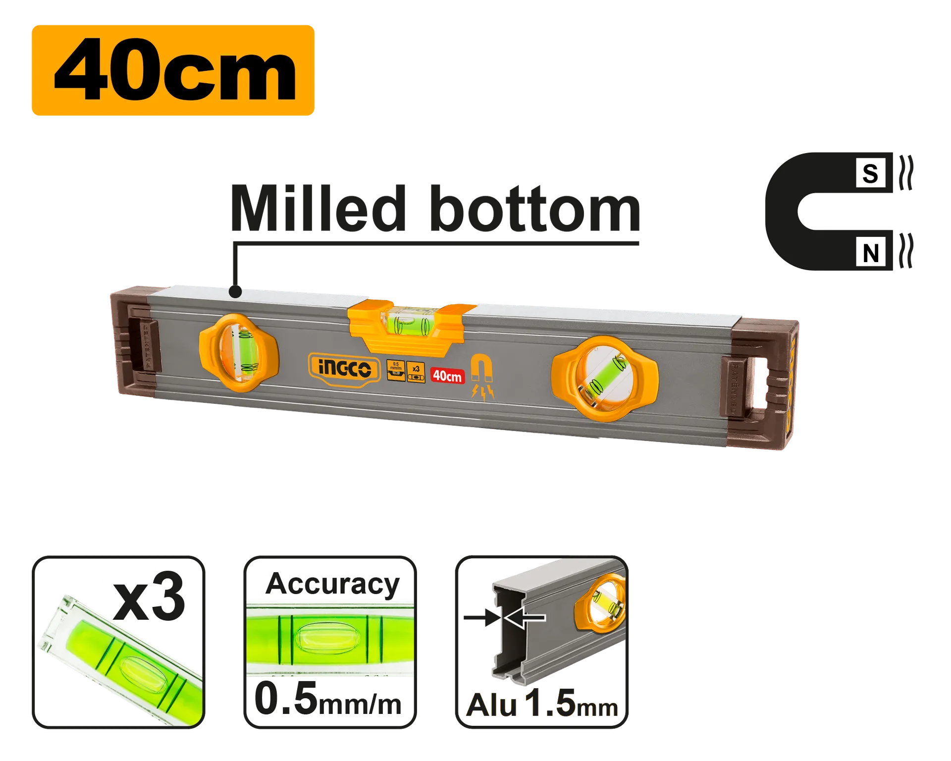 Shkallë ujëduksi libela me magnet 40CM INGCO HSL38040M