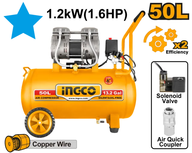 БЕЗМАСЛЕН КОМПРЕСОР 50L 1.2KW БЕЗУЉЕН INGCO ACS112501