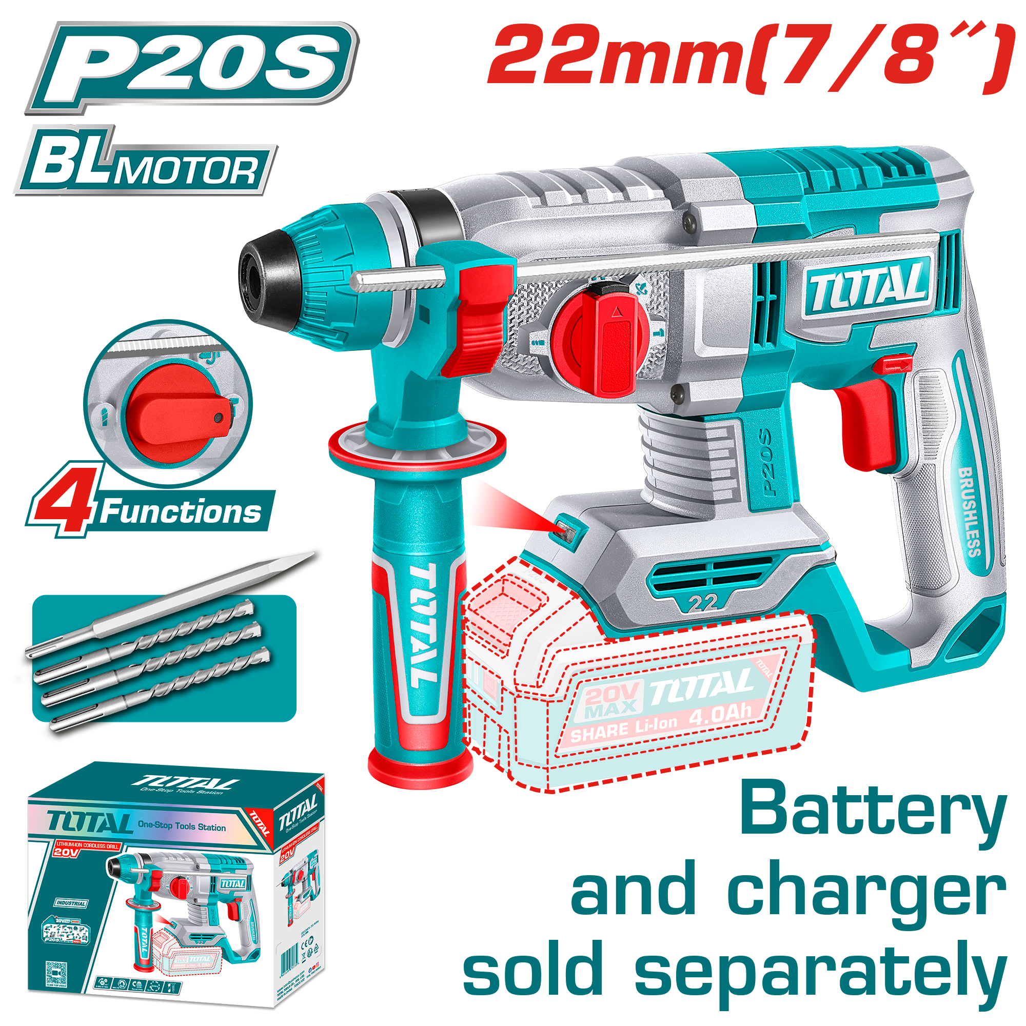 Shpuese goditese bulina SDS+ 22mm 20V vetem pa baterie TOTAL TRHLI21228