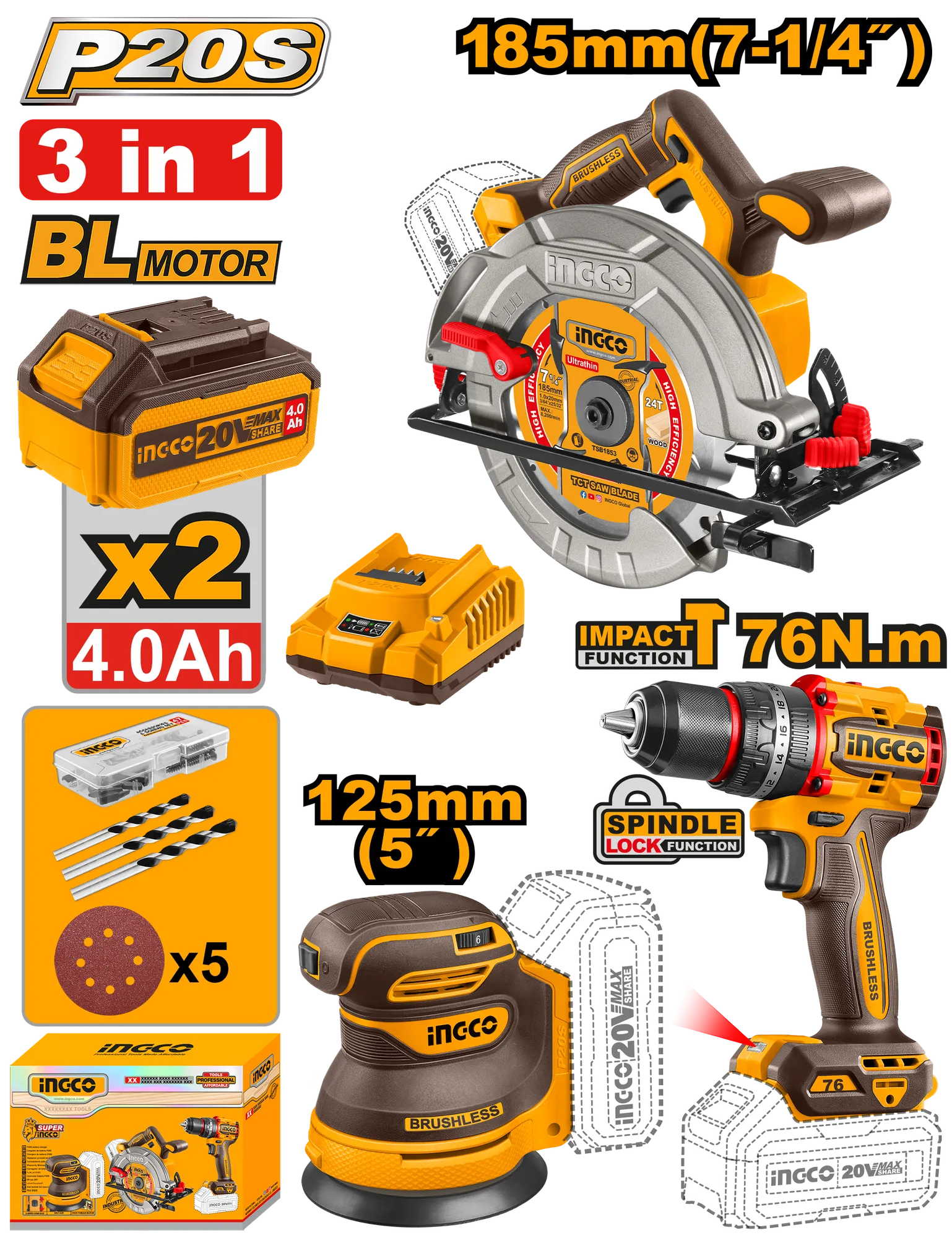 Combo set 3/1 INGCO 2x4.0Ah COSLI250181