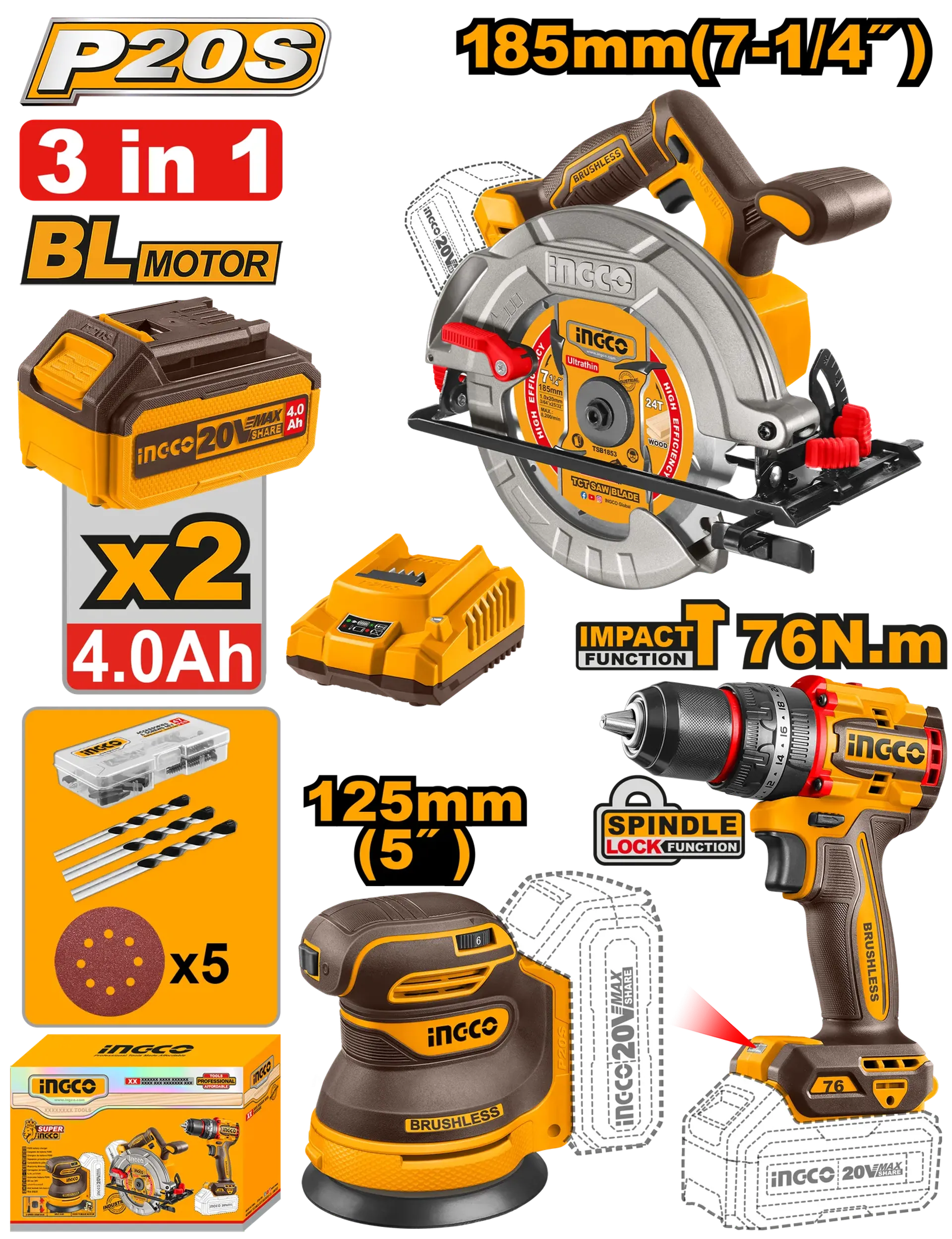 Combo set 3/1 INGCO 2x4.0Ah COSLI250181