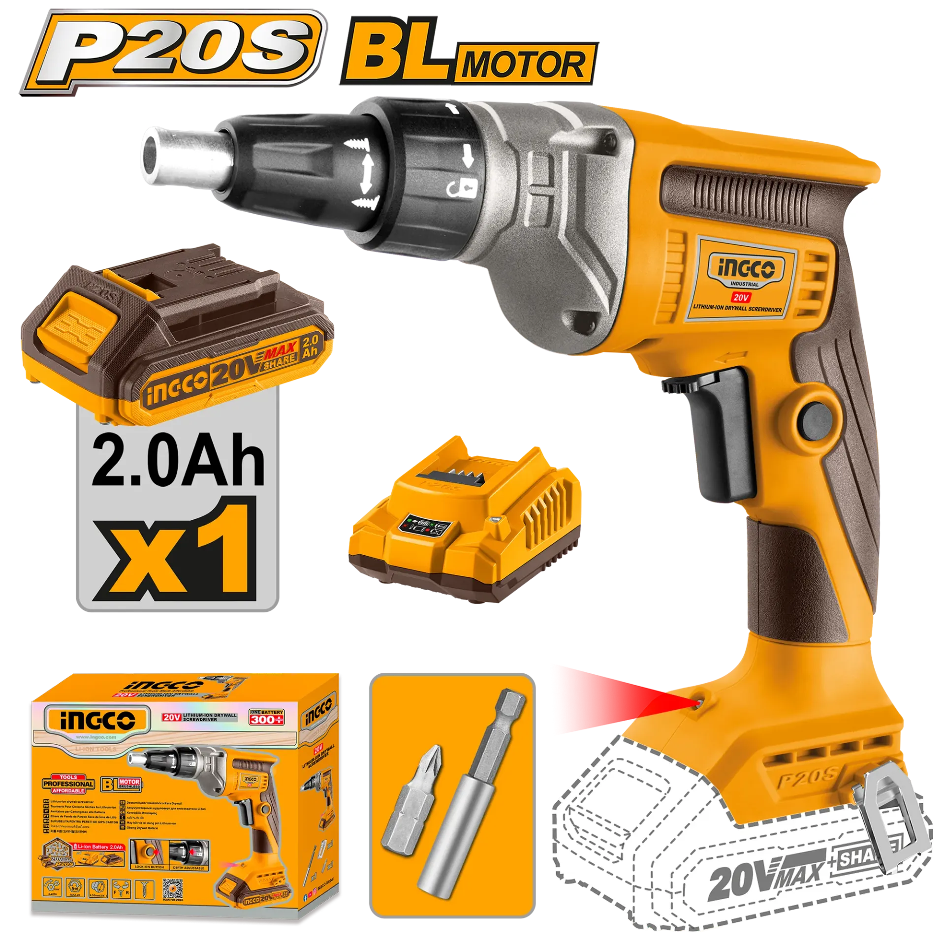 Përfuese baterie për gipskarton 20V me 1x2.0Ah baterie INGCO CDSLI204200