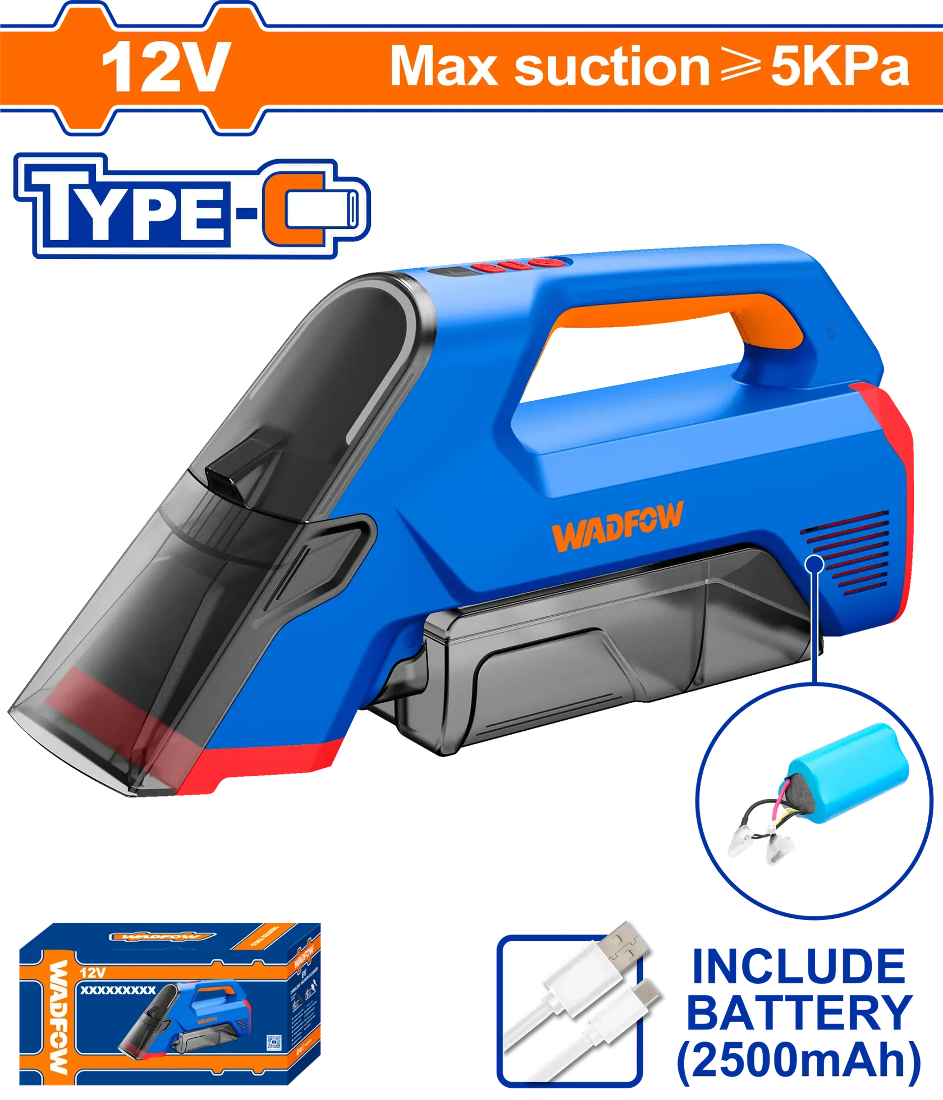 Aspirator drejt 12V tipi-C bateri e integruar WADFOW WVR7551