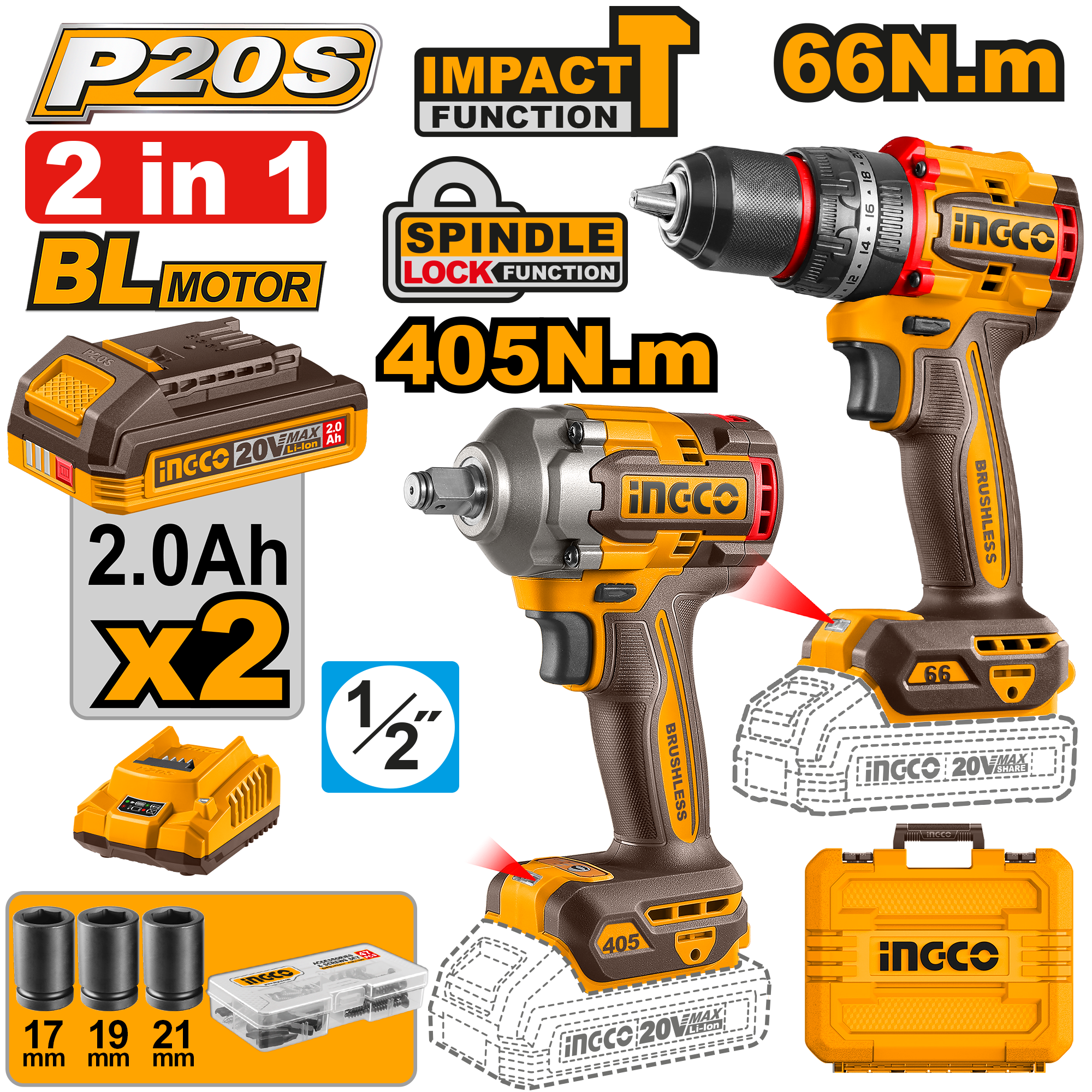 COMBO СЕТ 2/1 20V ШТРАФИЛИЦА 66NM + УДАРЕН ОДВРТУВАЧ 405NM 2×2.0Ah INGCO CKLI20286