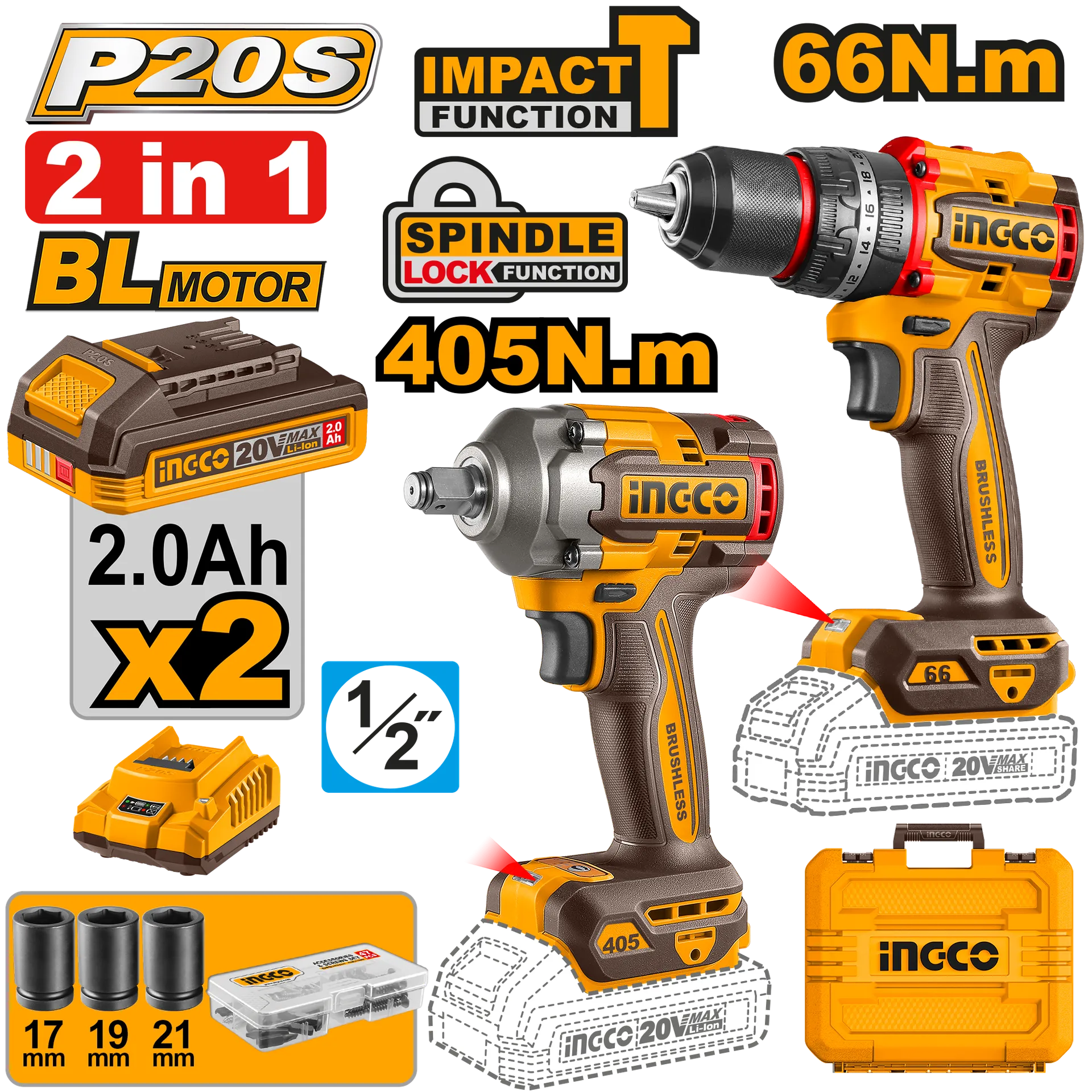 Combo set 2/1 20V përforcues 66NM + përkundes 405NM 2x2.0Ah INGCO CKLI20286