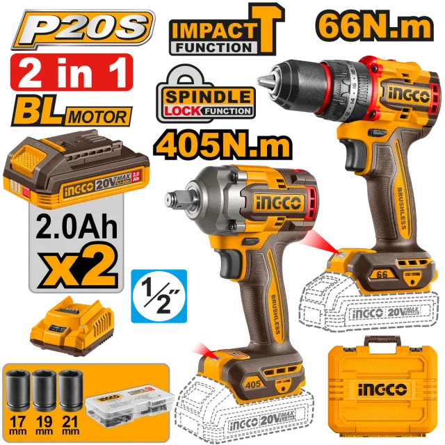COMBO СЕТ 2/1 20V ШТРАФИЛИЦА 66NM + УДАРЕН ОДВРТУВАЧ 405NM 2×2.0Ah INGCO CKLI20286