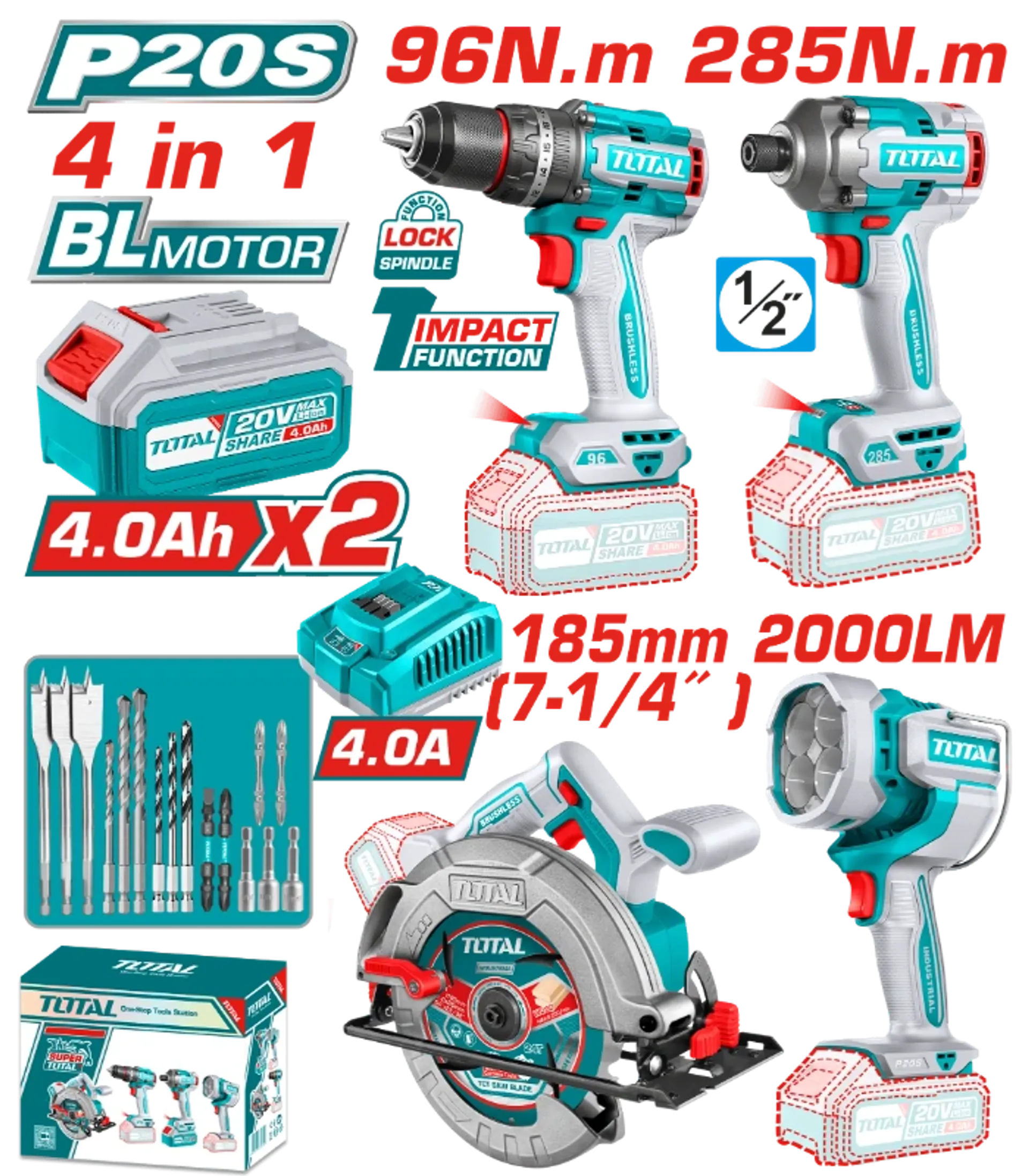 Combo set 4/1 20V 2x4.0Ah TOTAL TOSLI241297(M)