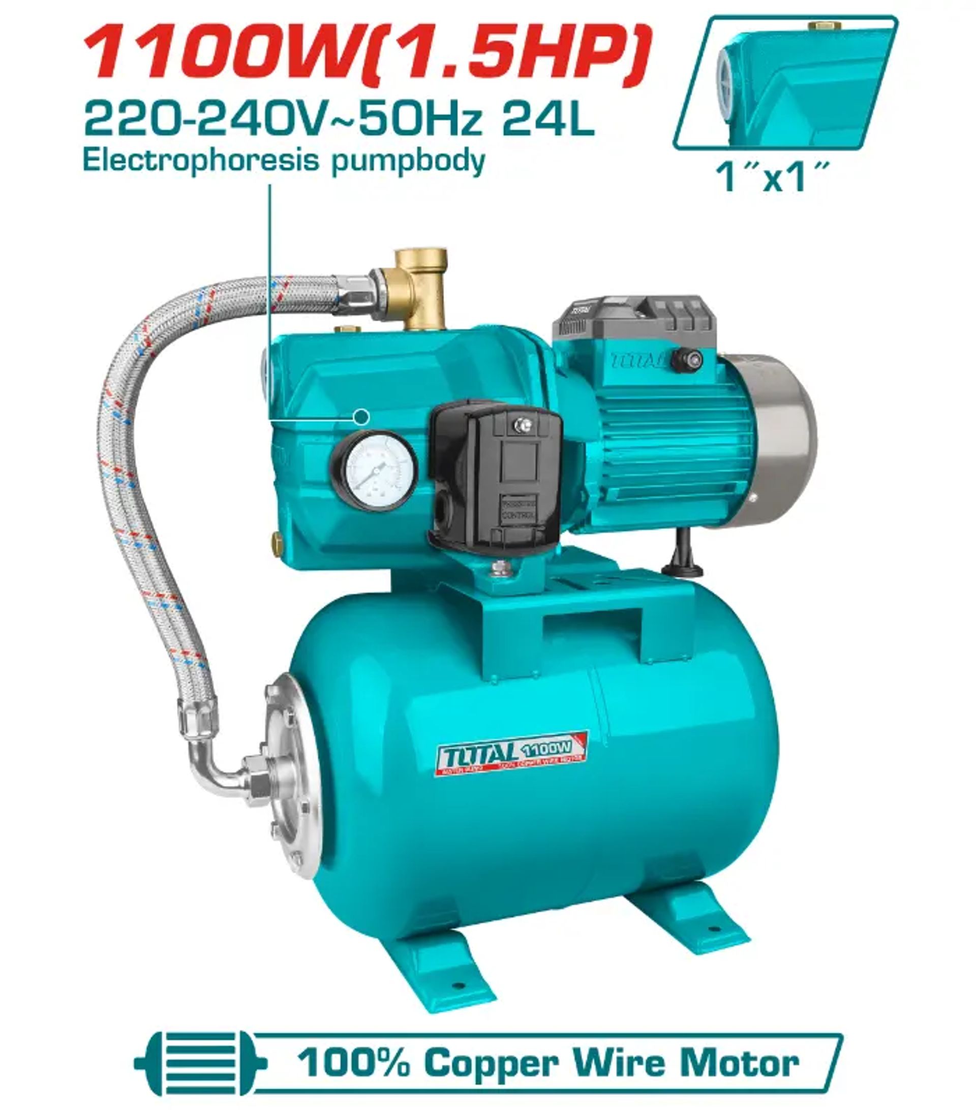 1.1KW ПУМПА ЗА ВОДА ХИДРОФОР + БОЦА 24L TOTAL TVP411006
