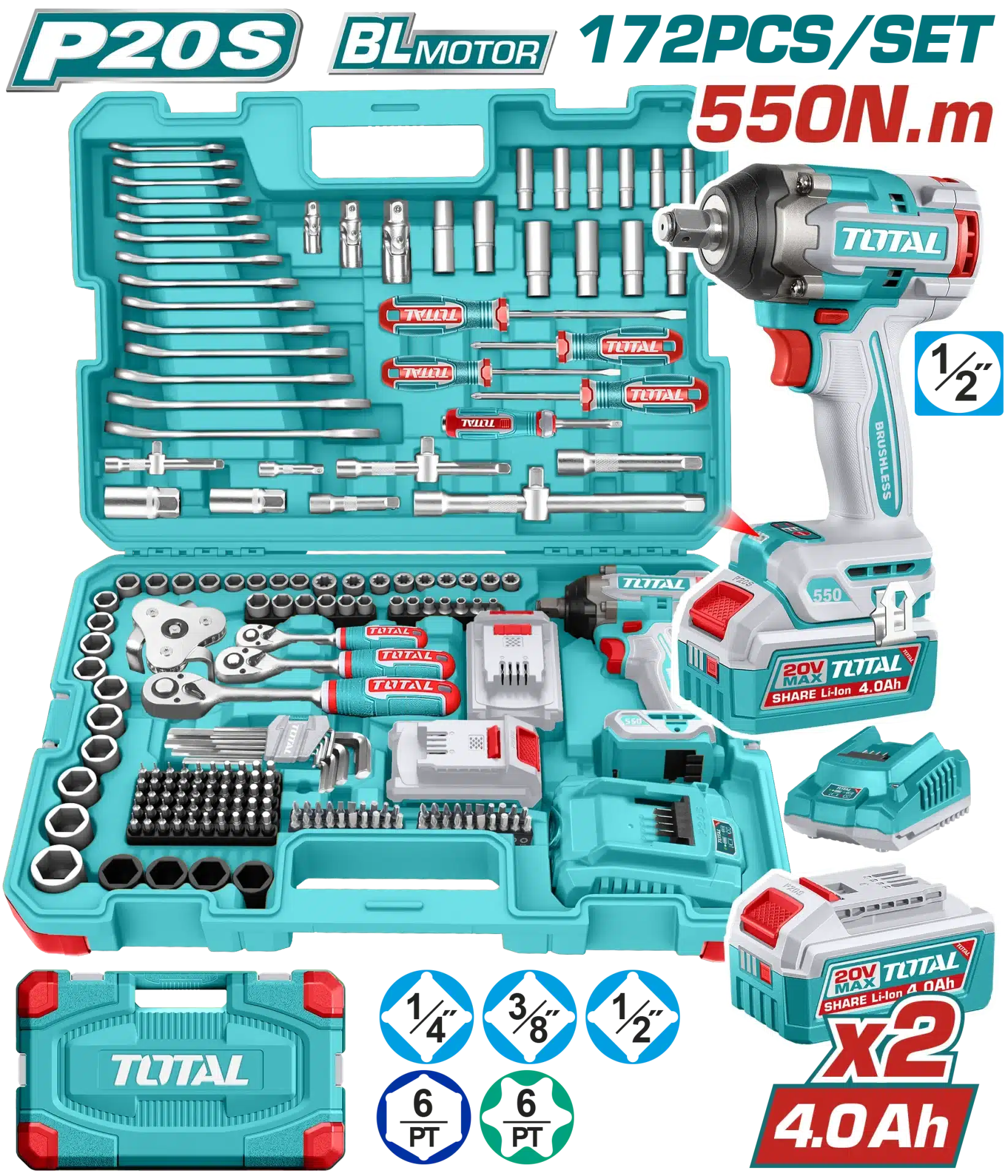 COMBO СЕТ 172/1 20V УДАРЕН ОДВРТУВАЧ 500Nm + РАЧЕН АЛАТ TOTAL THKTHP41728