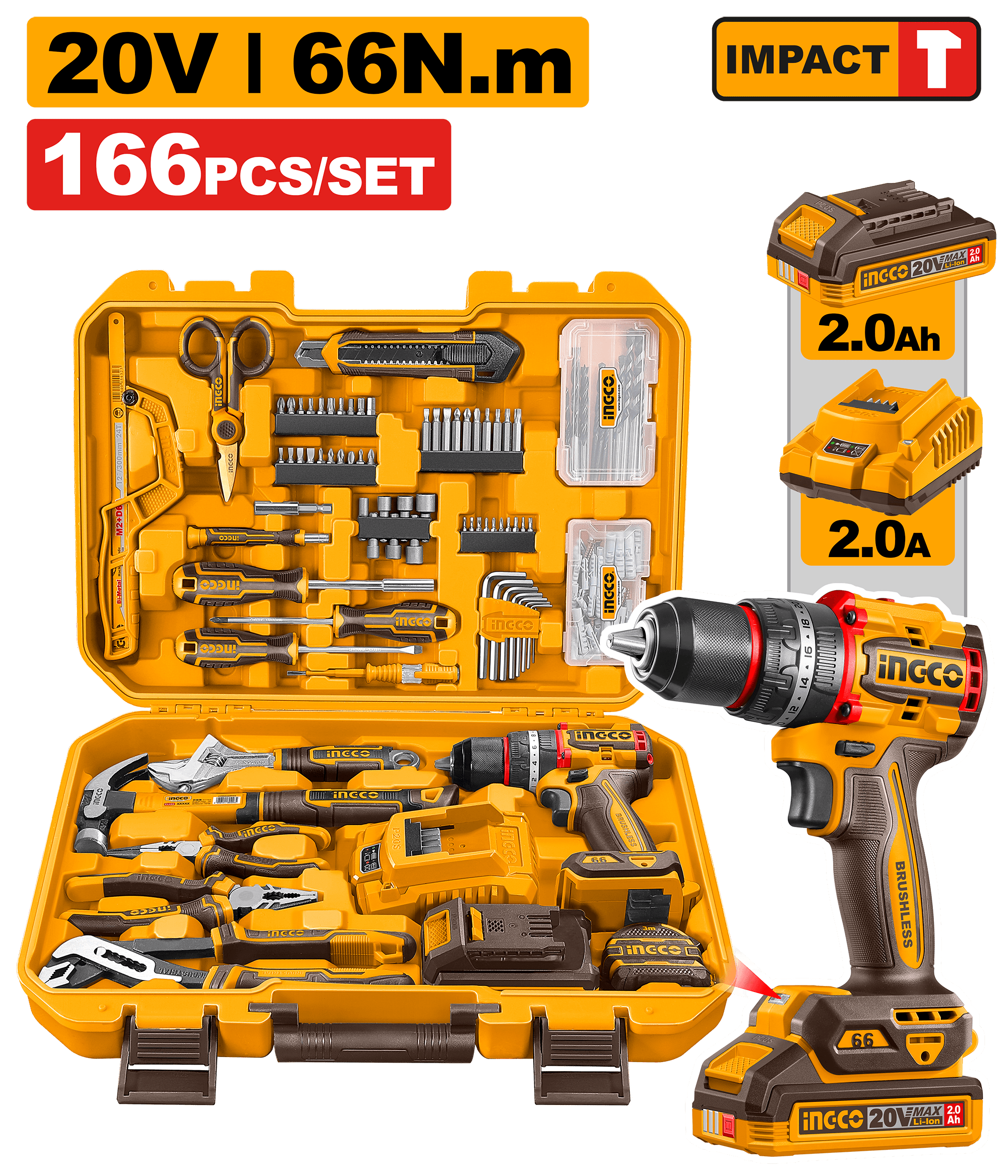 COMBO СЕТ 166/1 ШТРАФИЛИЦА 66Nm 20V + РАЧЕН АЛАТ INGCO HKTHP41662