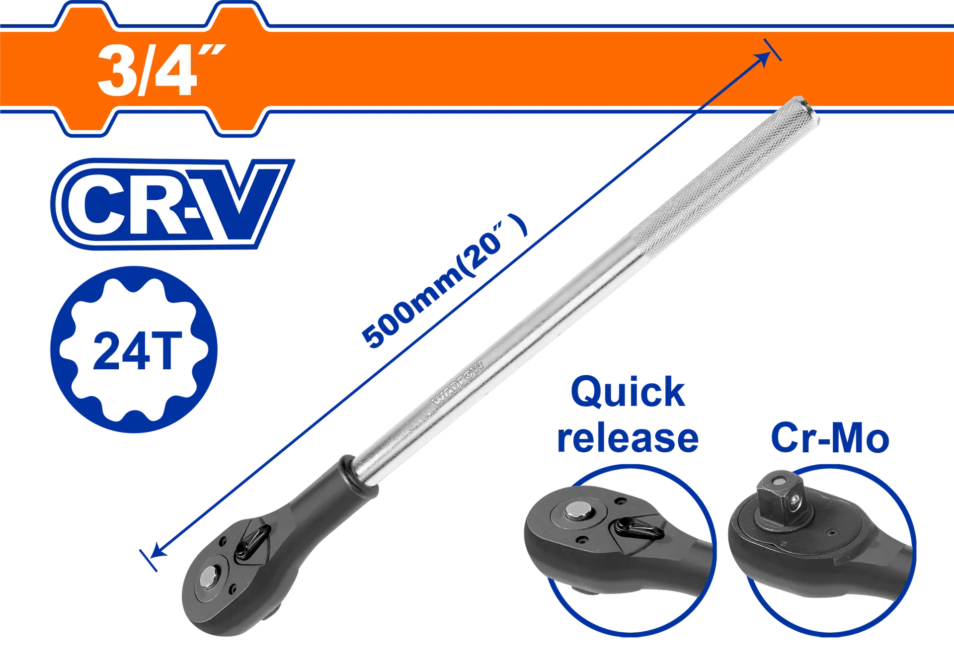 Çelës ratchet i gjatë 500mm 3/4″ 24T WADFOW WRW3234