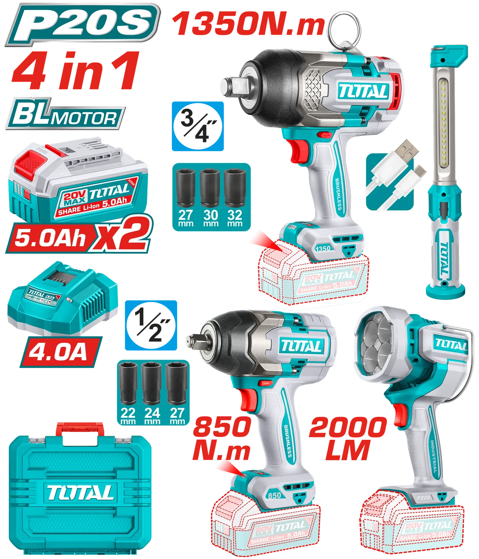 Combo set 3/1 impact drivers 1350Nm+850Nm+flashlight TOTAL TOSLI250782