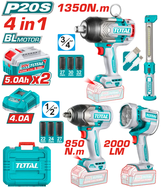 COMBO СЕТ 3/1 УДАРНИ ОДВРТУВАЧИ 1350Nm+850Nm+СВЕТИЛКА TOTAL TOSLI250782