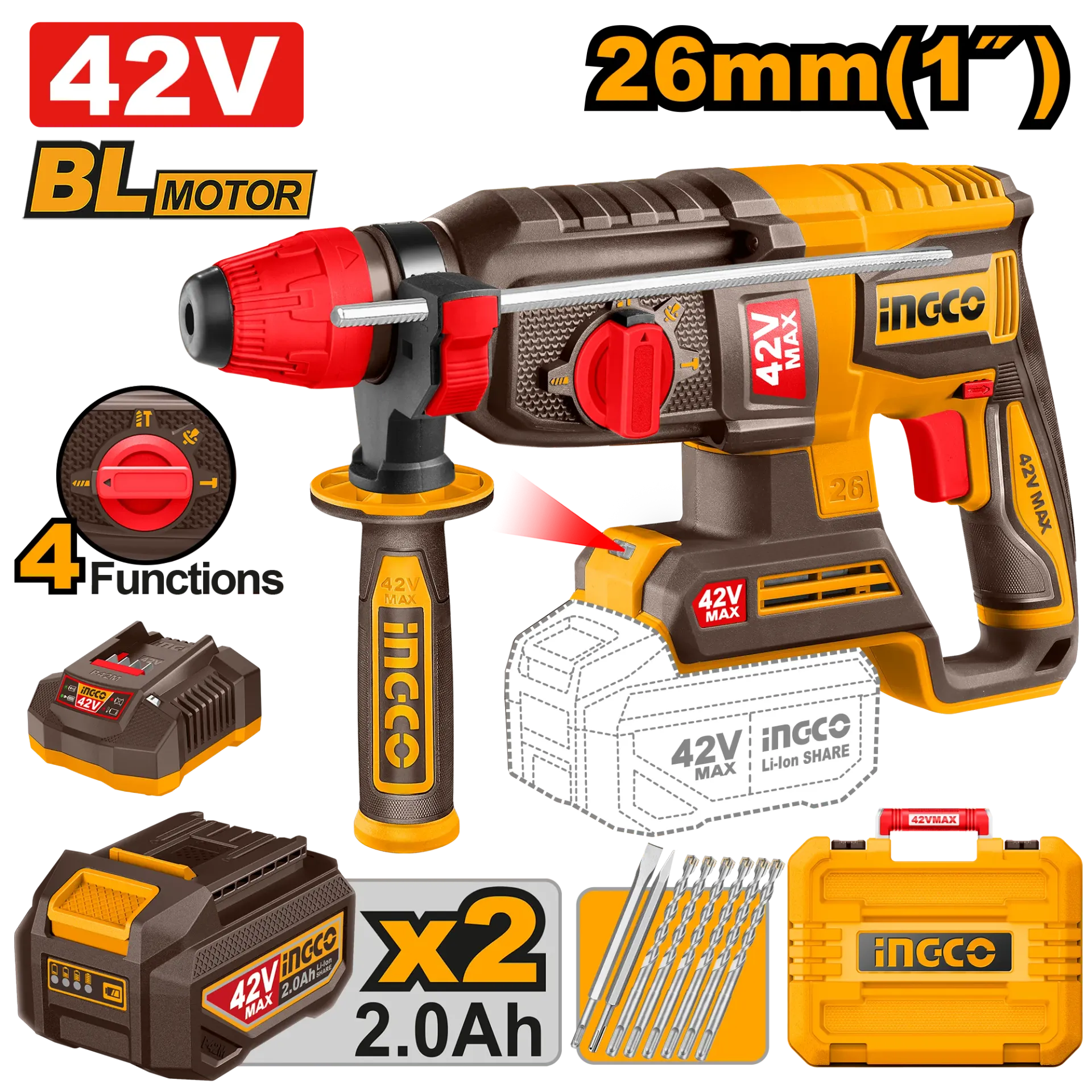 Çekiç shpues INGCO SDS+ 42V 26mm 2x2.0Ah CRHLI422682