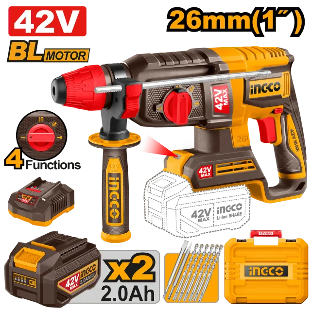УДАРЕН ЧЕКАН ДУПЧАЛКА INGCO SDS+ 42V 26mm 2×2.0Ah CRHLI422682