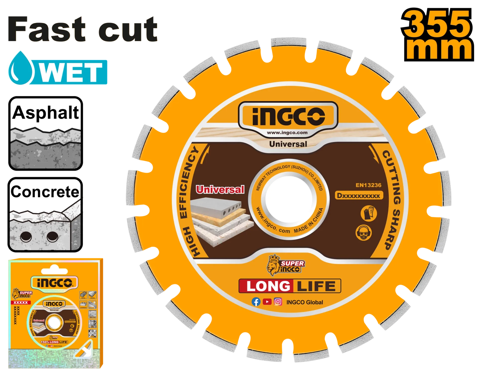 ДИЈАМАНТСКИ ДИСК 355mm ЗА GSF16-2 МОКРО БЕТОН+АСФАЛТ INGCO DMD033551