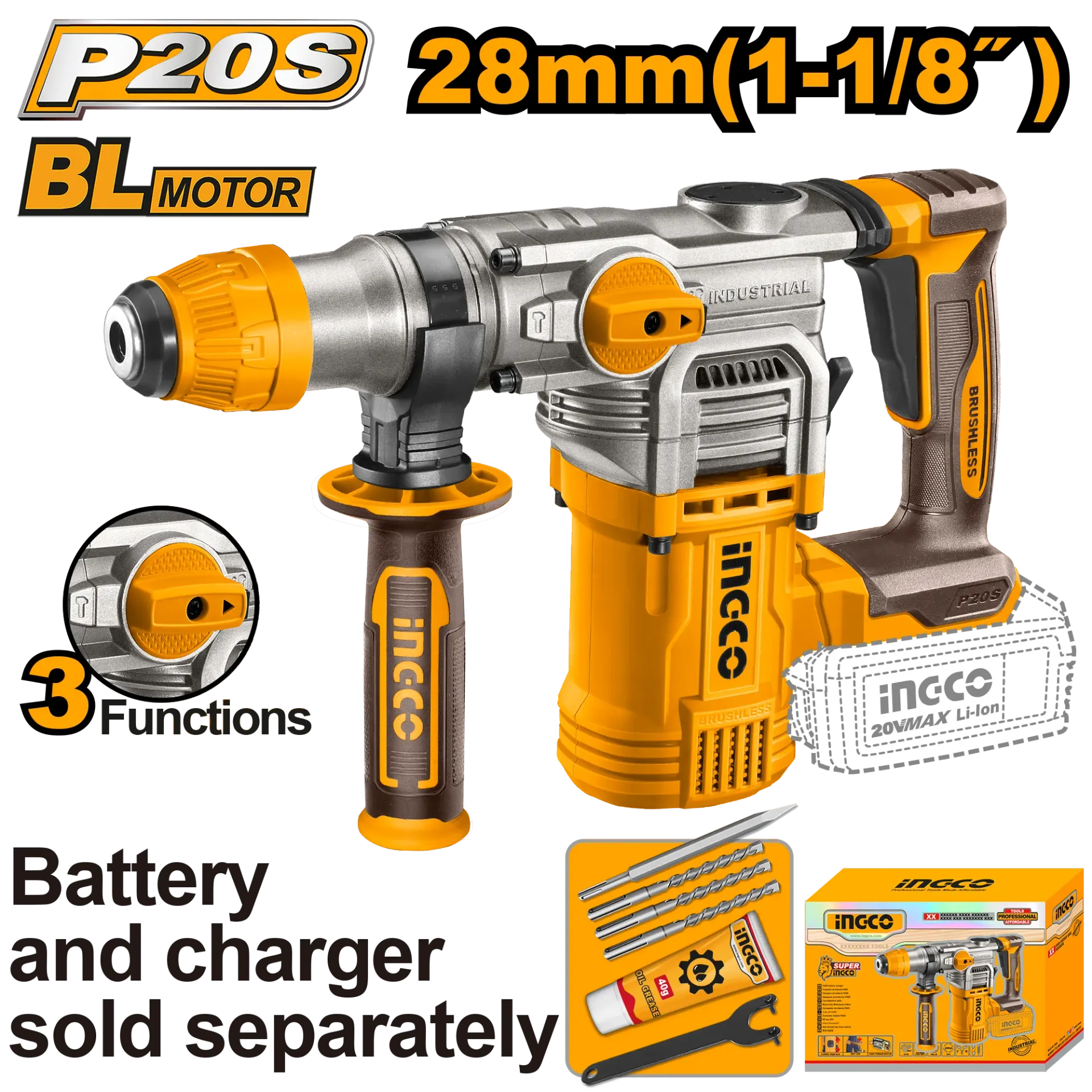 Çekiç përplasues me shpim 28mm SDS+ hilti INGCO 20V vetëm pa bateri CRHLI20288