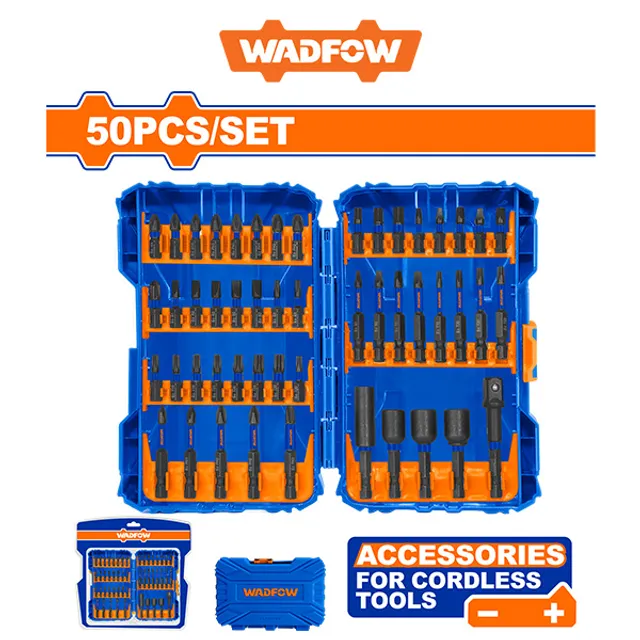 Сет од 50 бита WADFOW WSV2005 во синa организациска кутија, 25mm и 50mm должина со адаптери за орев