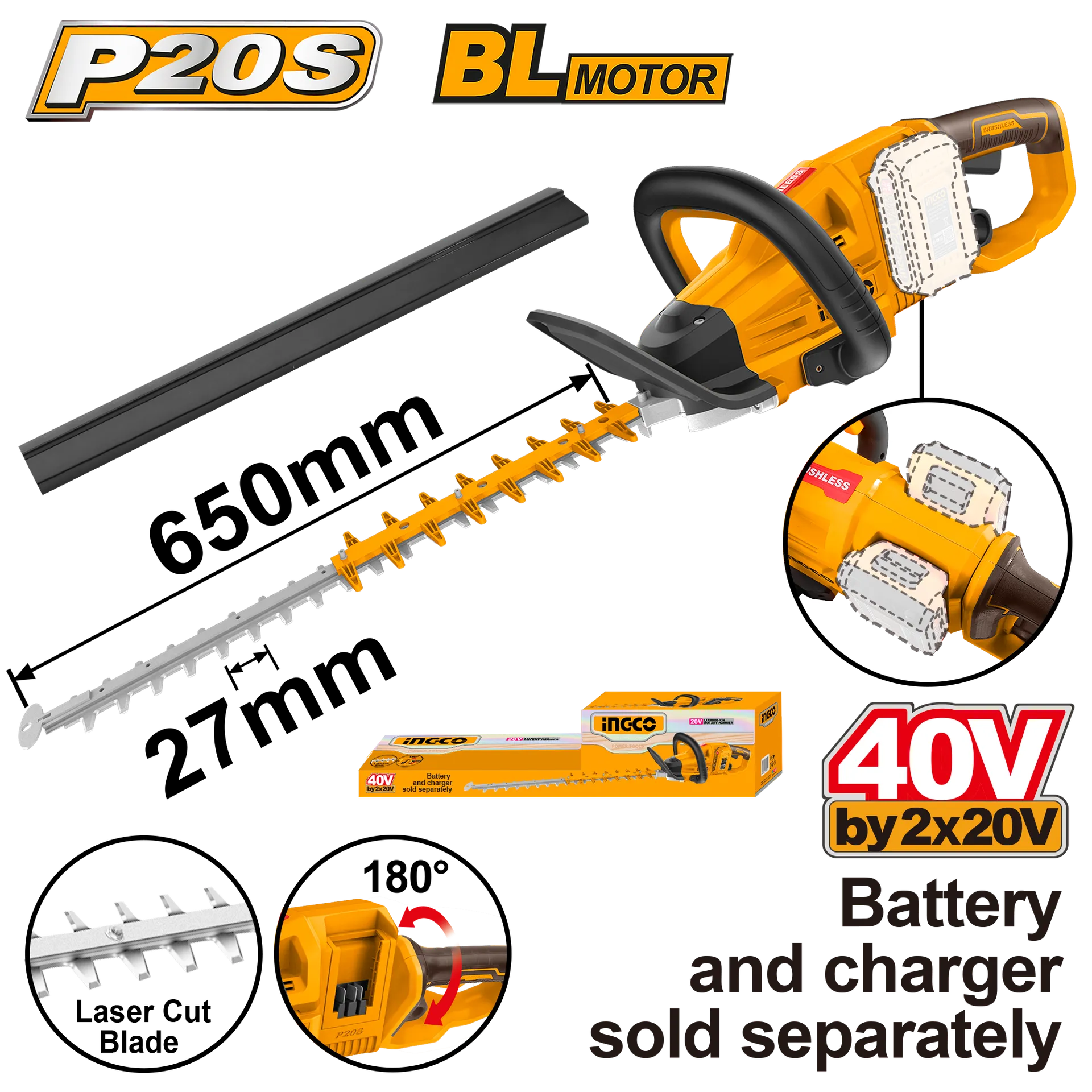 Trimmer për gardhe 650mm 40V (2x20V) solo pa bateri - INGCO CHTLI40028