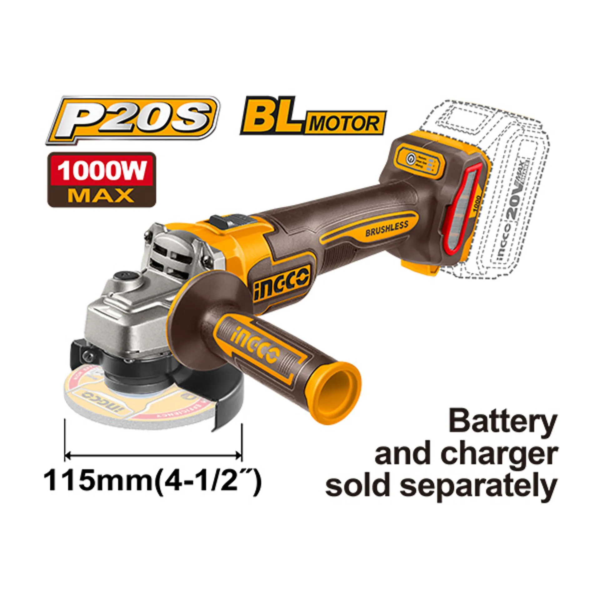 Grinder këndor 20V solo pa bateri 115mm 1000W BL INGCO CAGLI27153