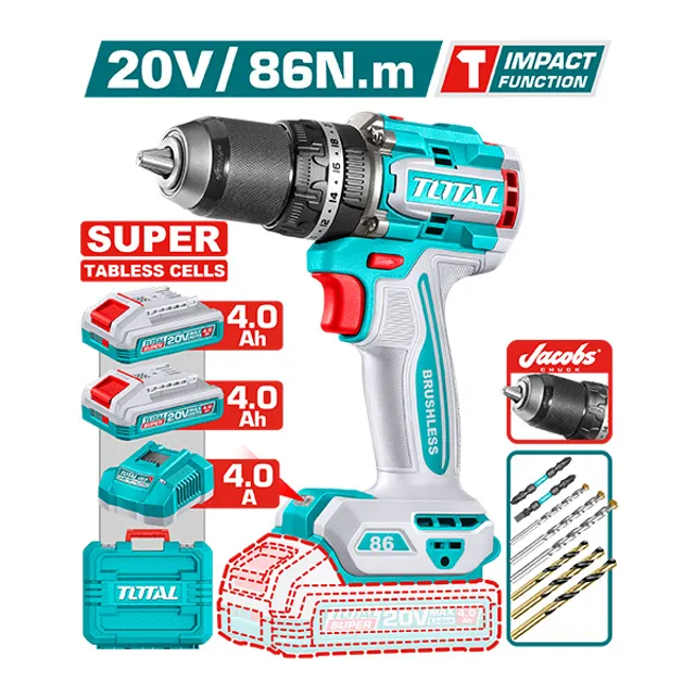 БАТЕРИСКА УДАРНА ДУПЧАЛКА-ШРАФИЛКА 20V 86N.m BRUSHLESS (2×4.0Ah) TOTAL TIDLI208686
