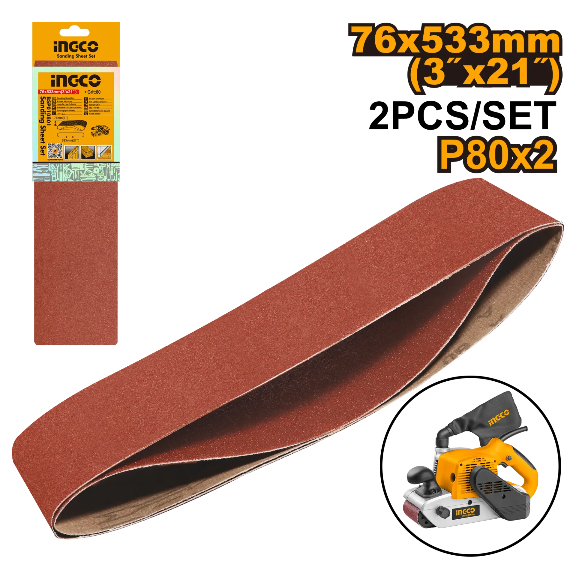 Rripa e pafundme shmirgjel 76×533mm 2xP80 INGCO BSP010801