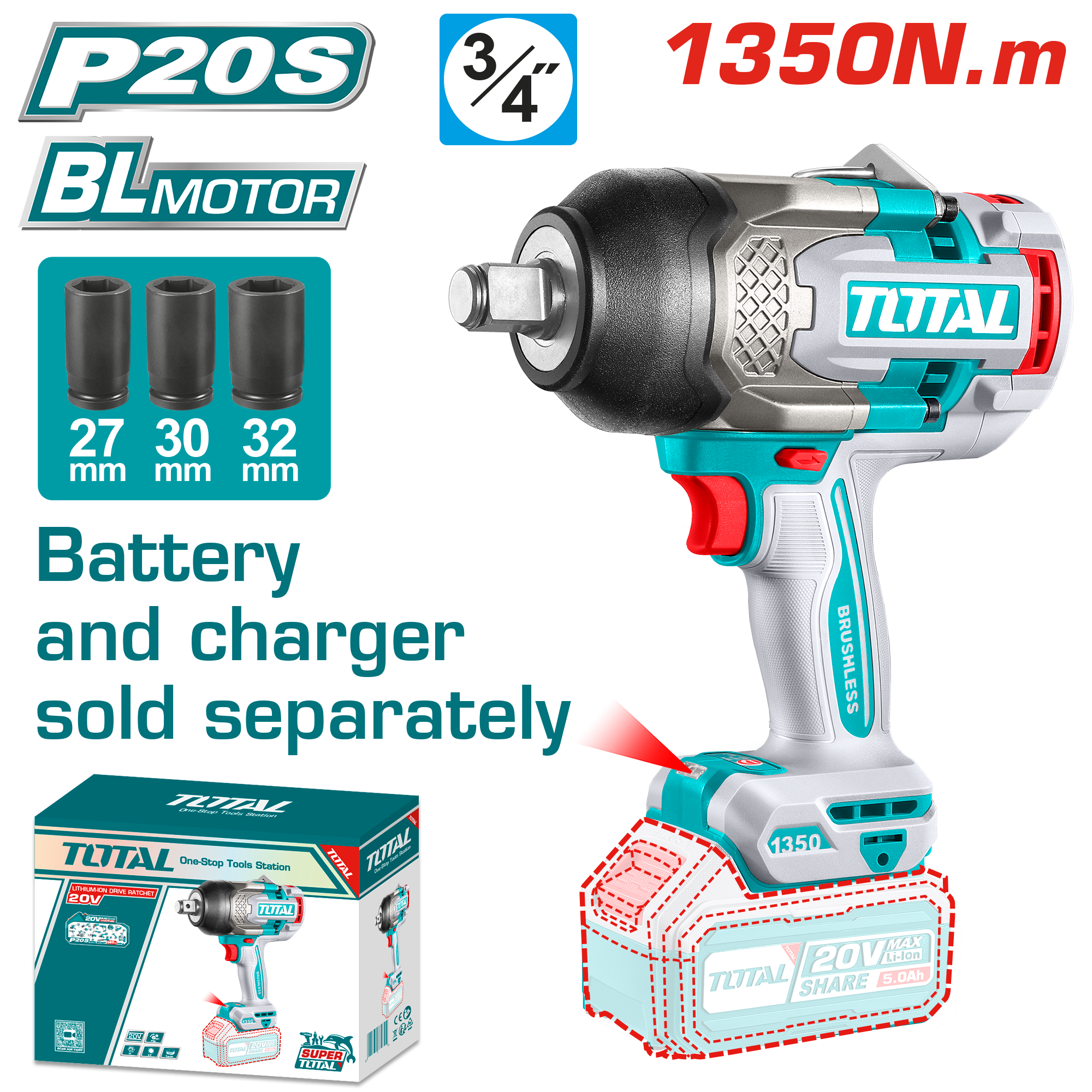 Përforcues i goditjes 20V 1350Nm solo pa baterije TOTAL TIWLI201351