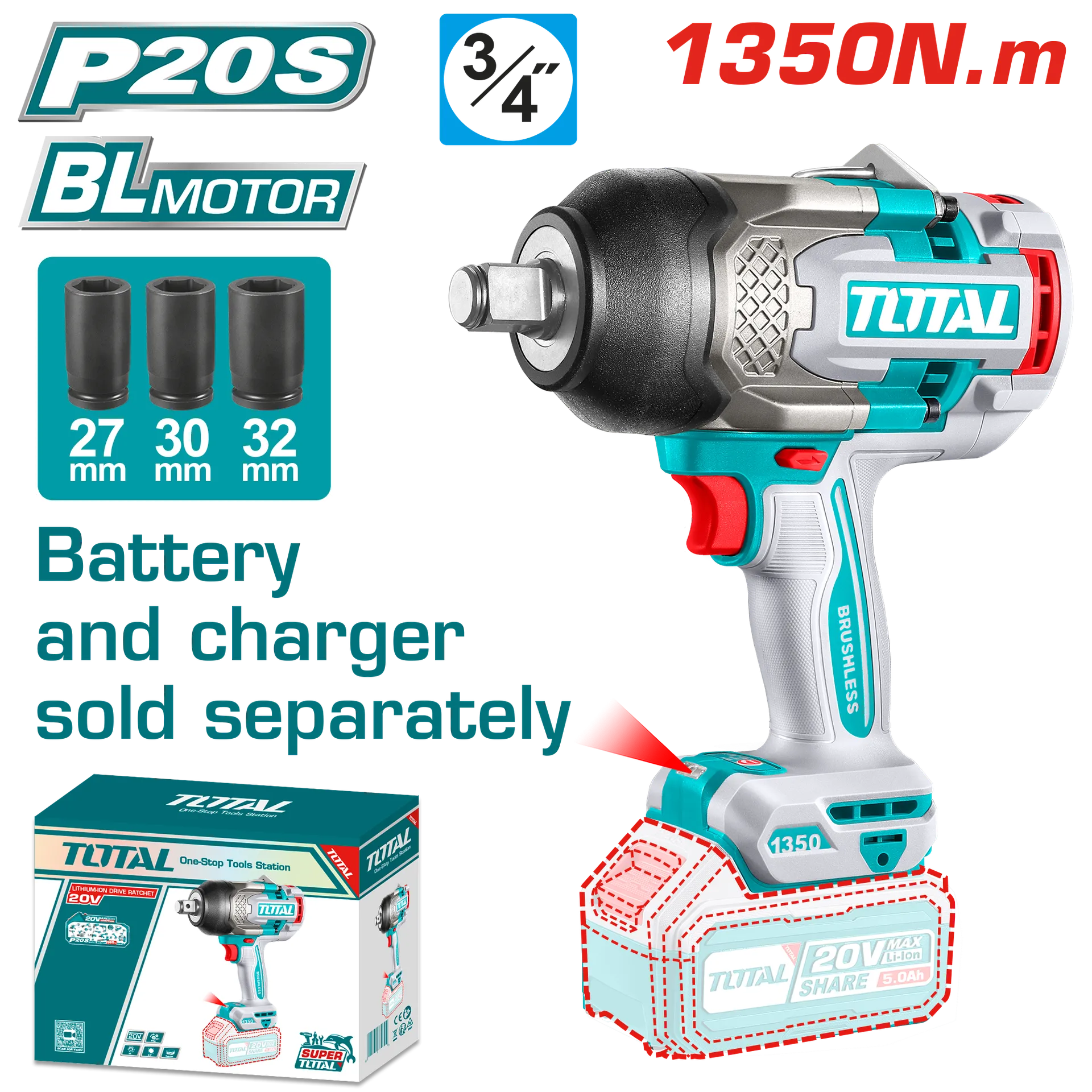 Përforcues i goditjes 20V 1350Nm solo pa baterije TOTAL TIWLI201351