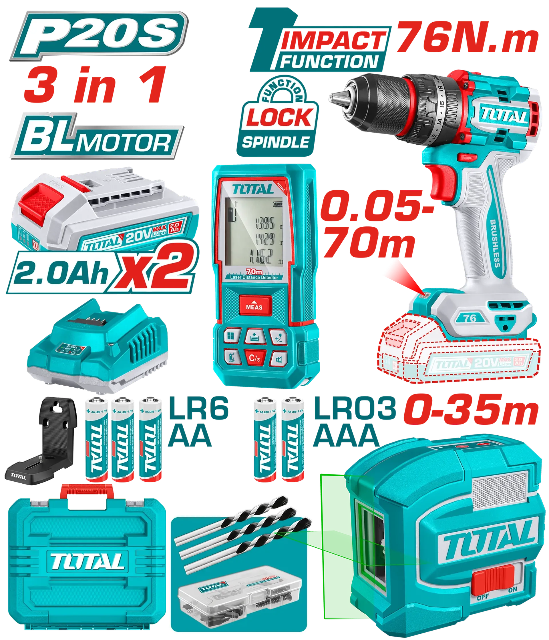 Combo set 3/1 20V 2x2.0Ah TOTAL TOSLI250511
