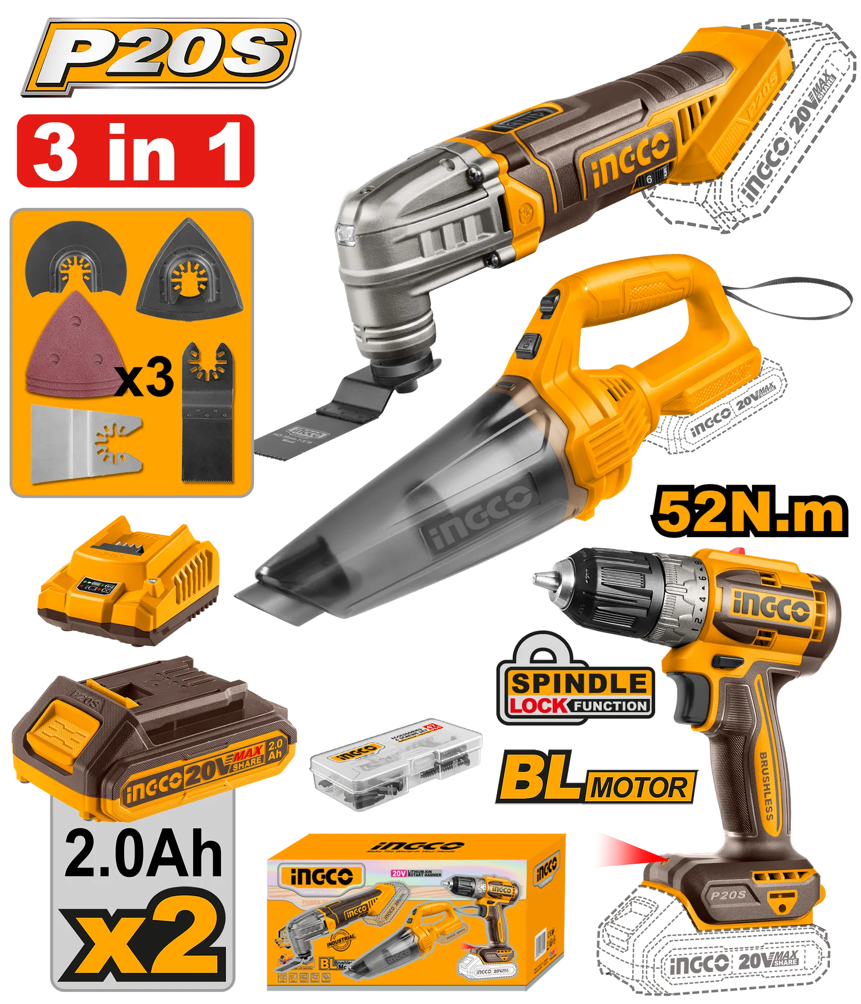 Seti kombinuar me bateri 20V INGCO 3/1 - COSLI240685