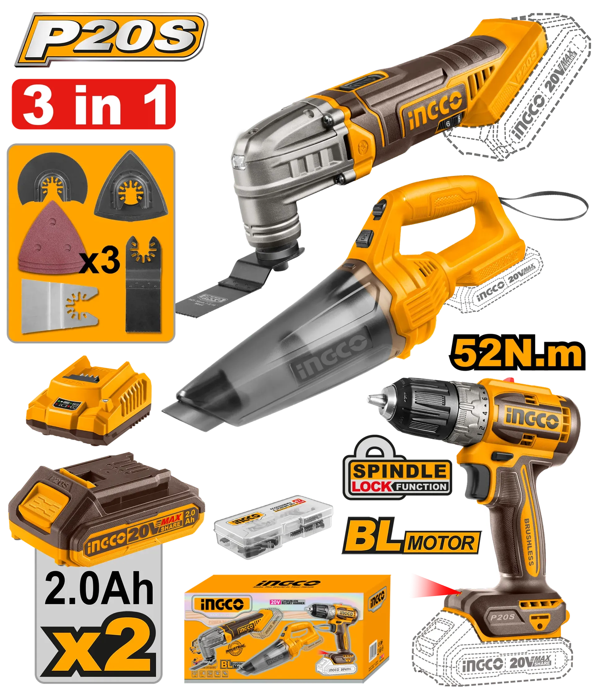 Seti kombinuar me bateri 20V INGCO 3/1 - COSLI240685