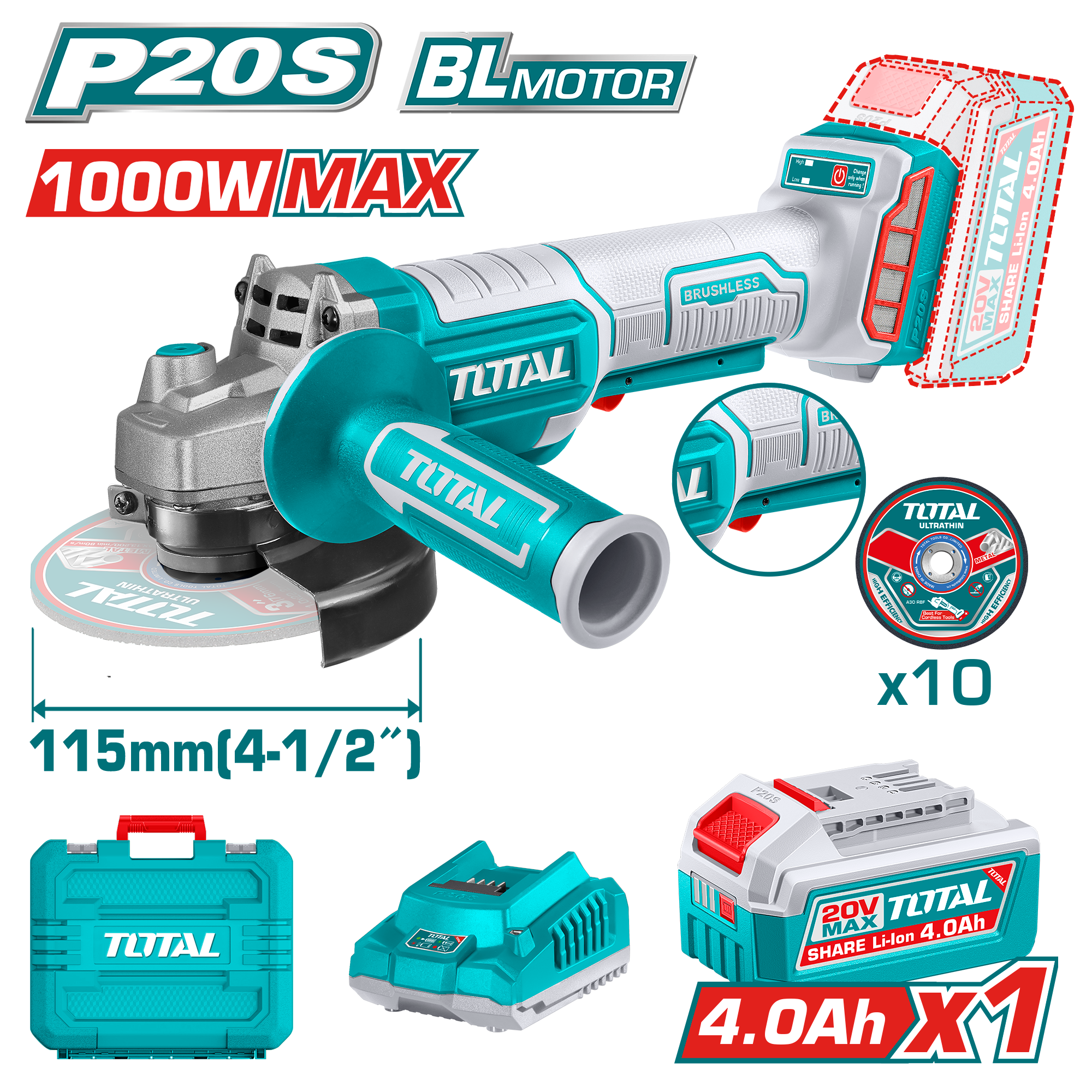 Rrethues këndor TOTAL 20V 1000W 1×4.0Ah bateri TAGLI2111561
