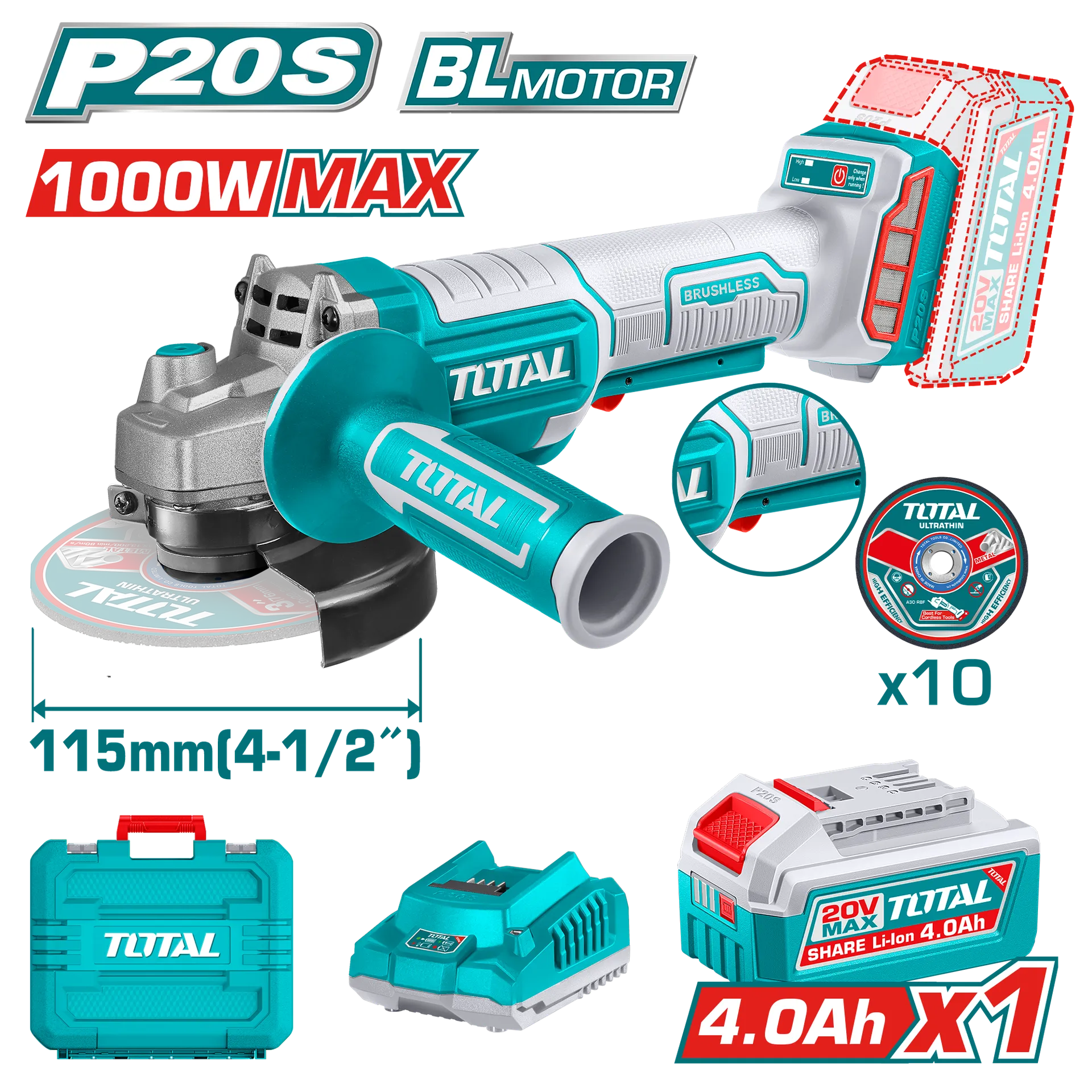 Grëndaja këndore TOTAL 20V 1000W 1×4.0Ah bateri TAGLI2111561