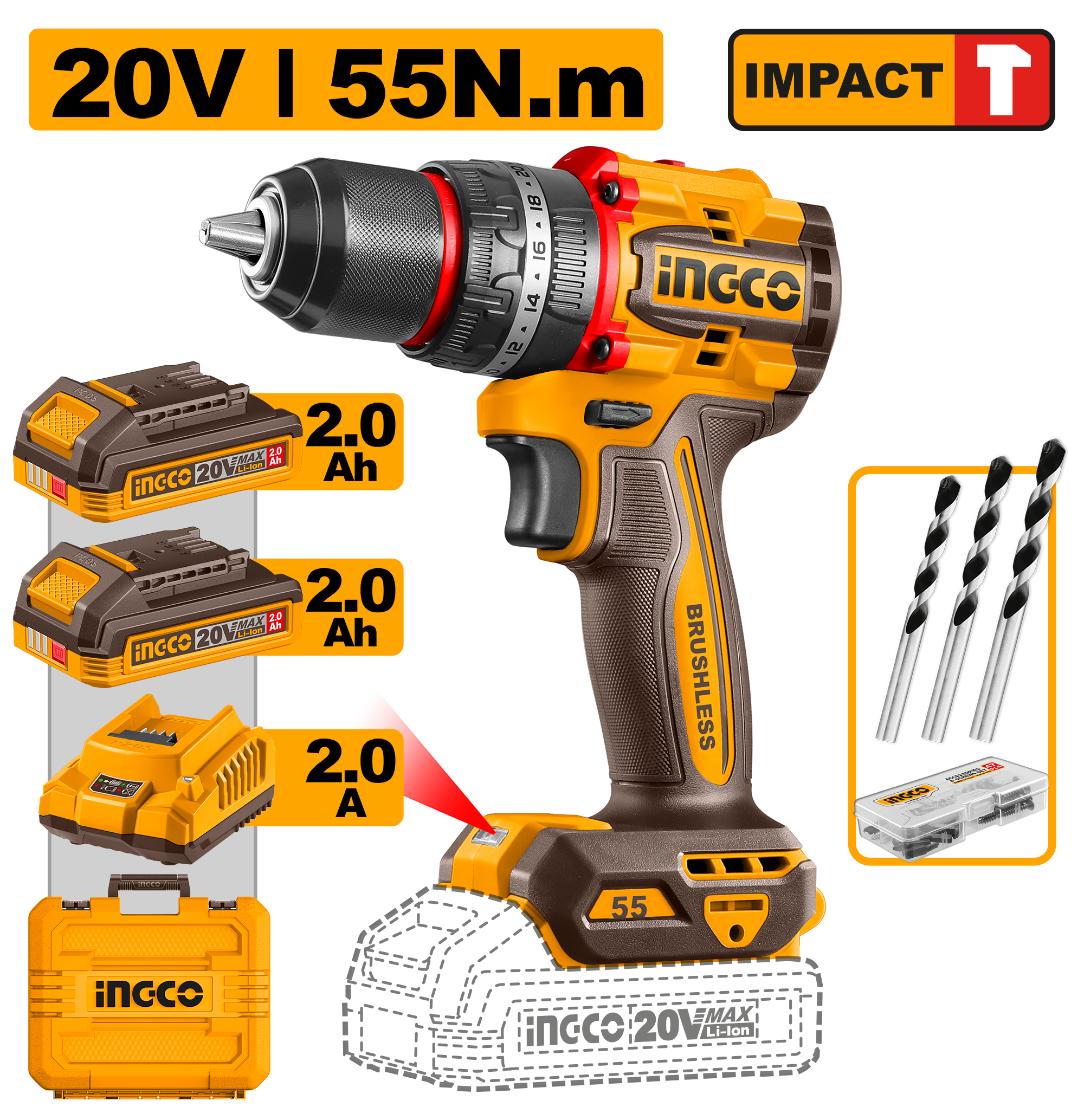Shkruedhëse 55Nm 20V 2x2.0Ah INGCO CIDLI20558
