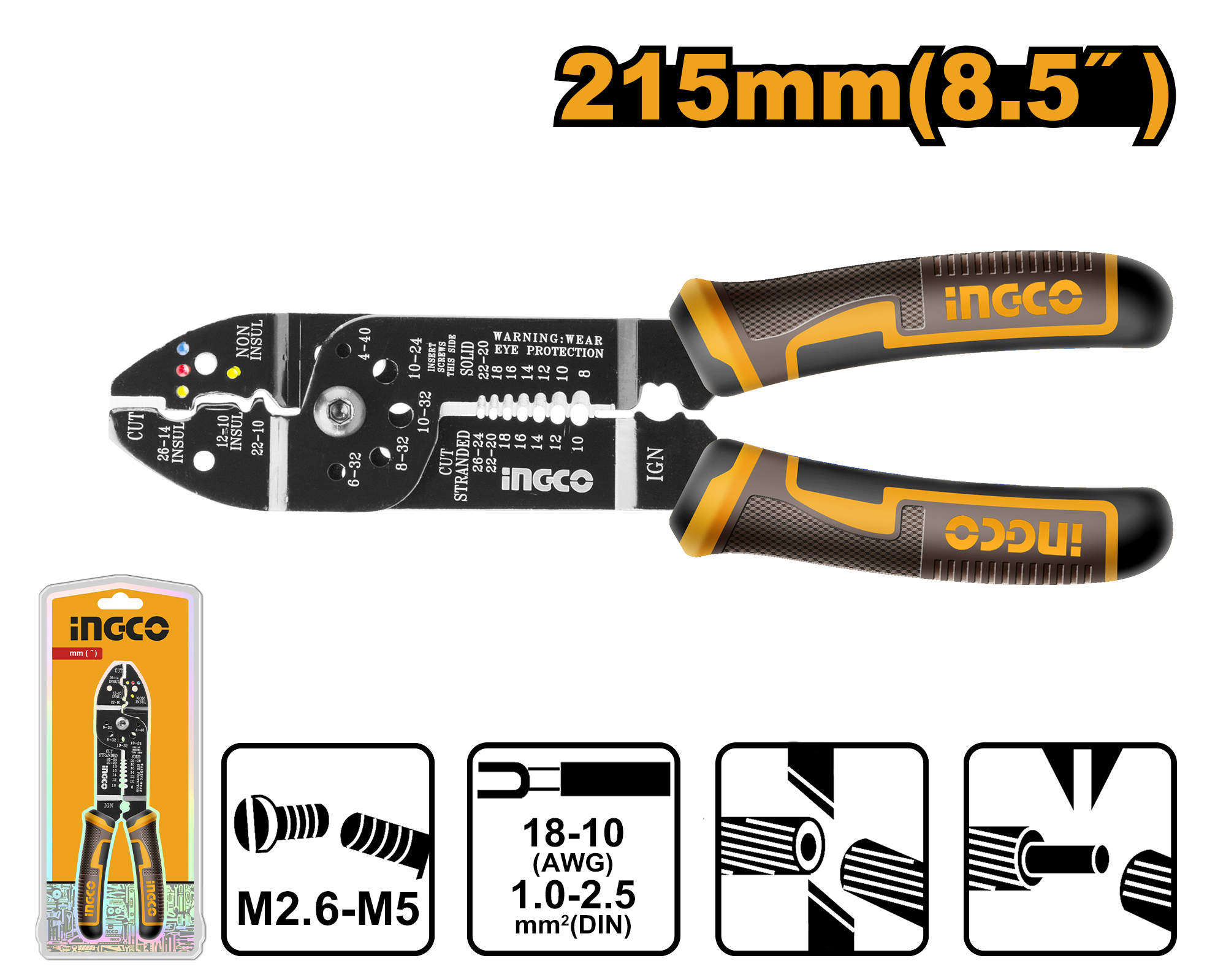 Kapëse elektricisti për zhveshje kabëlli 215mm 8.5″ INGCO HWSP851