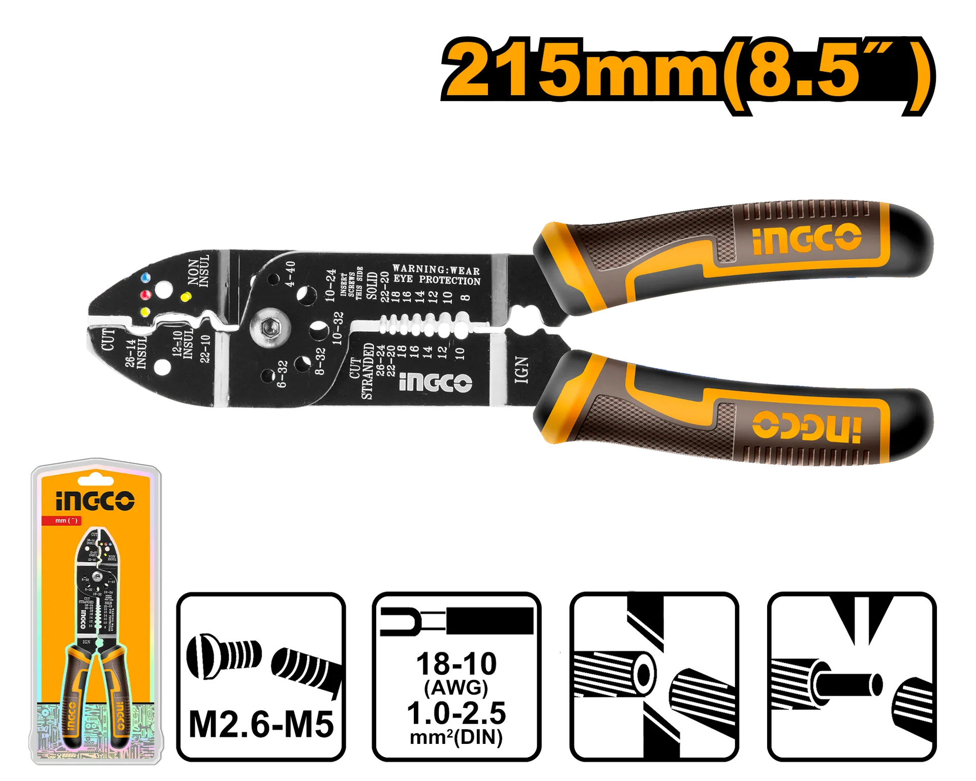 Kapëse elektricisti për zhveshje kabëlli 215mm 8.5″ INGCO HWSP851