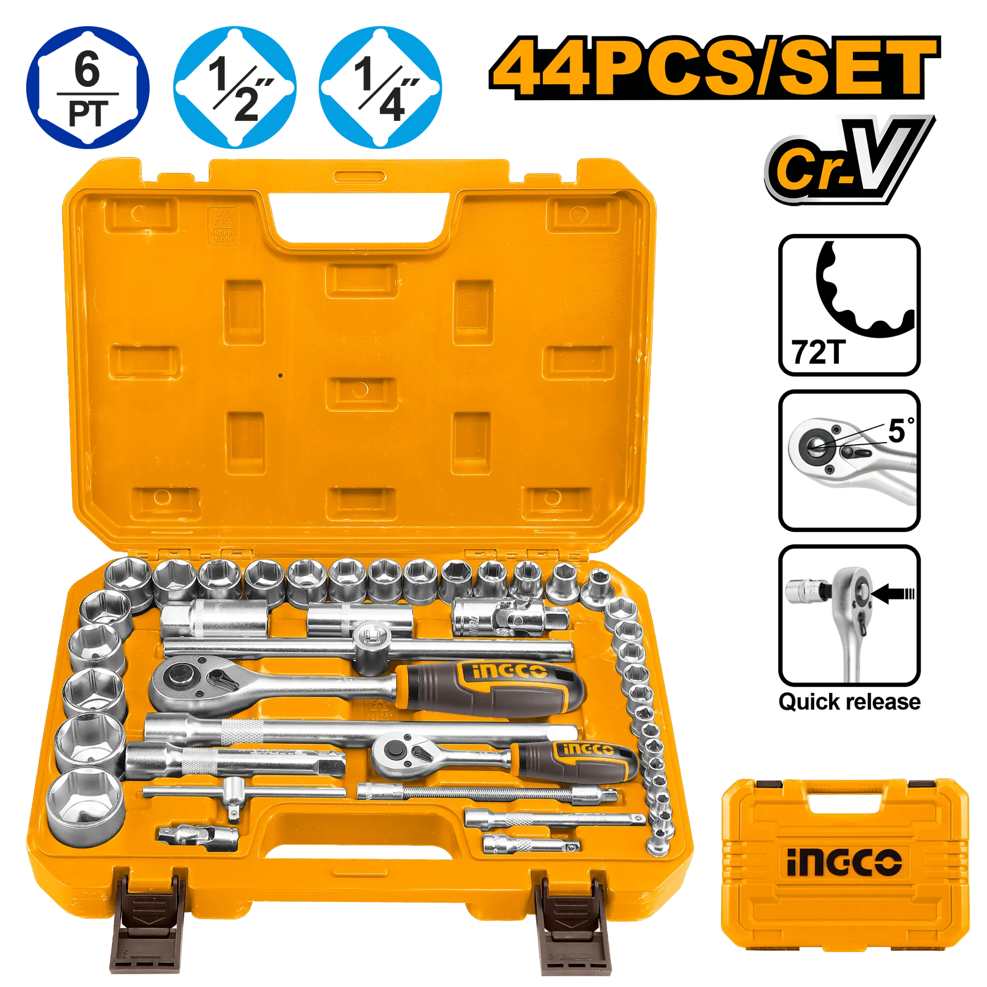 Krçkakë set 44/1 1/2" 1/4" 72T INGCO HKTS42441