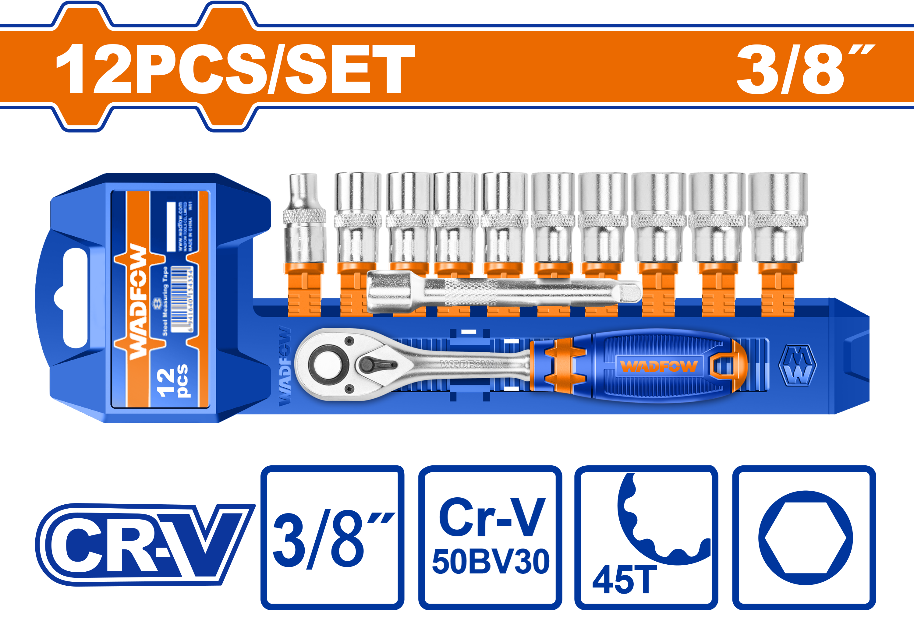 Set ratchet 3/8" me 10 priza WADFOW WST3212