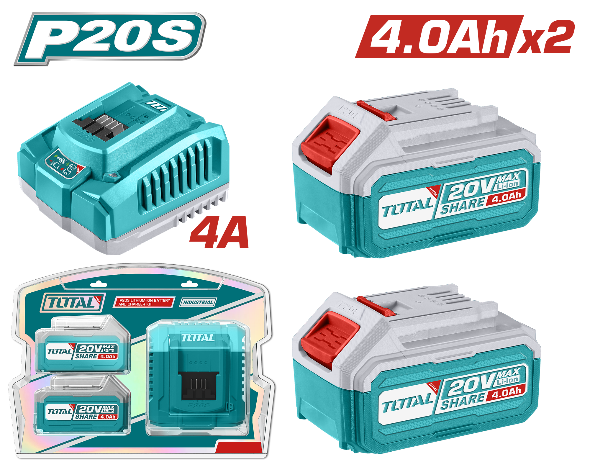 Baterije TOTAL 20V 2×4.0Ah + ngarkues 4A TFBCPK1424