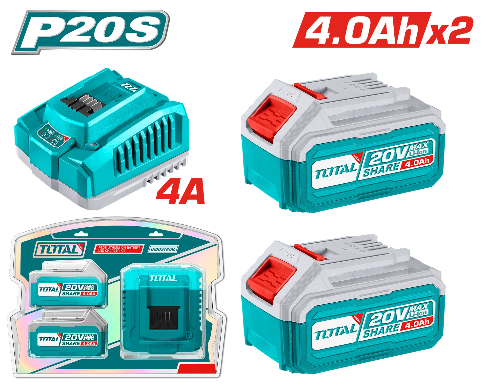 Baterije TOTAL 20V 2×4.0Ah + ngarkues 4A TFBCPK1424
