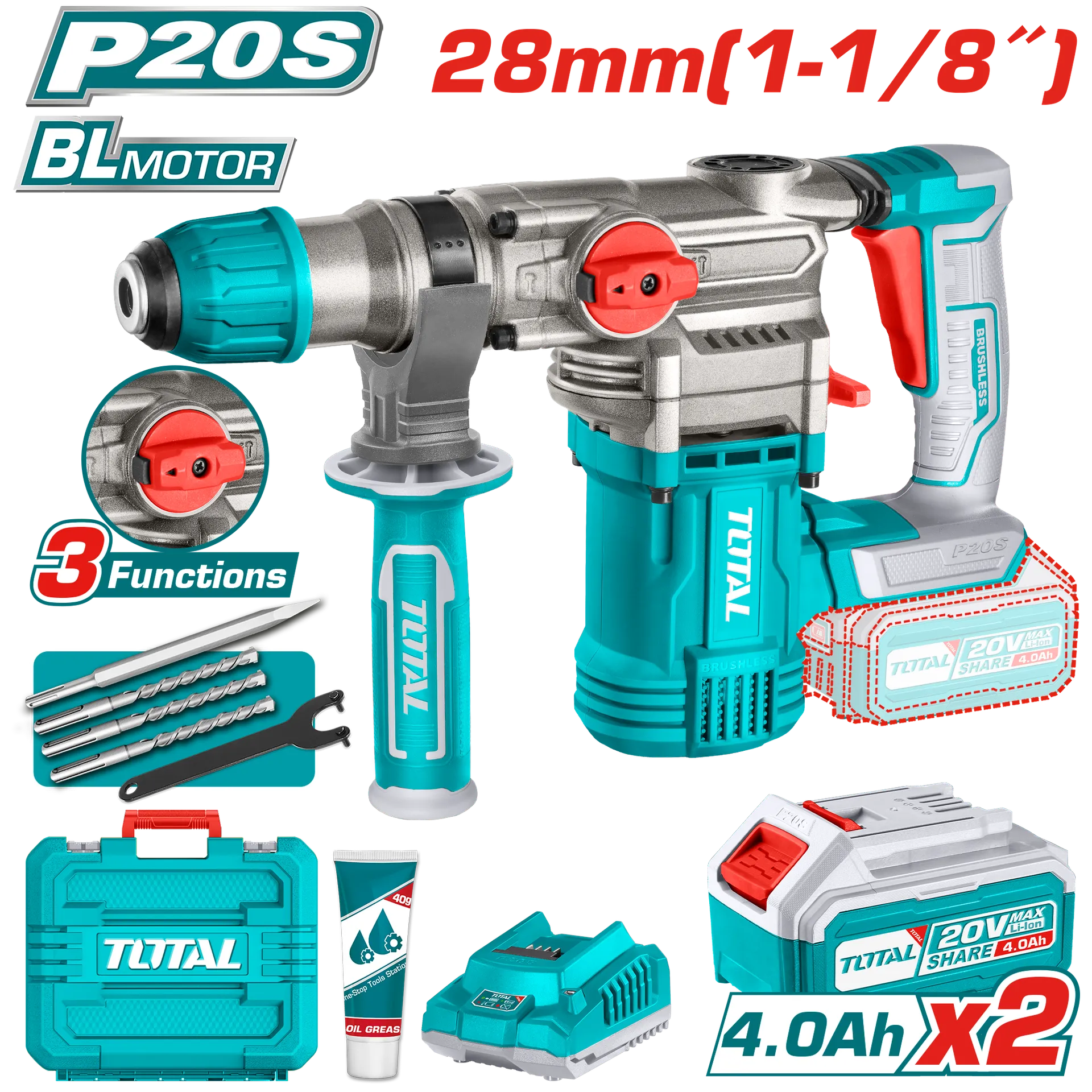 Çekiç goditese shpime SDS+ hilti 28mm 2×4.0Ah bateria TOTAL TRHLI202882