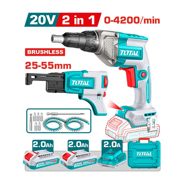 БАТЕРИСКИ ОДВРТУВАЧ ЗА КНАУФ 2 во 1 BRUSHLESS 20V 2x2.0Ah TOTAL TDSLI204268