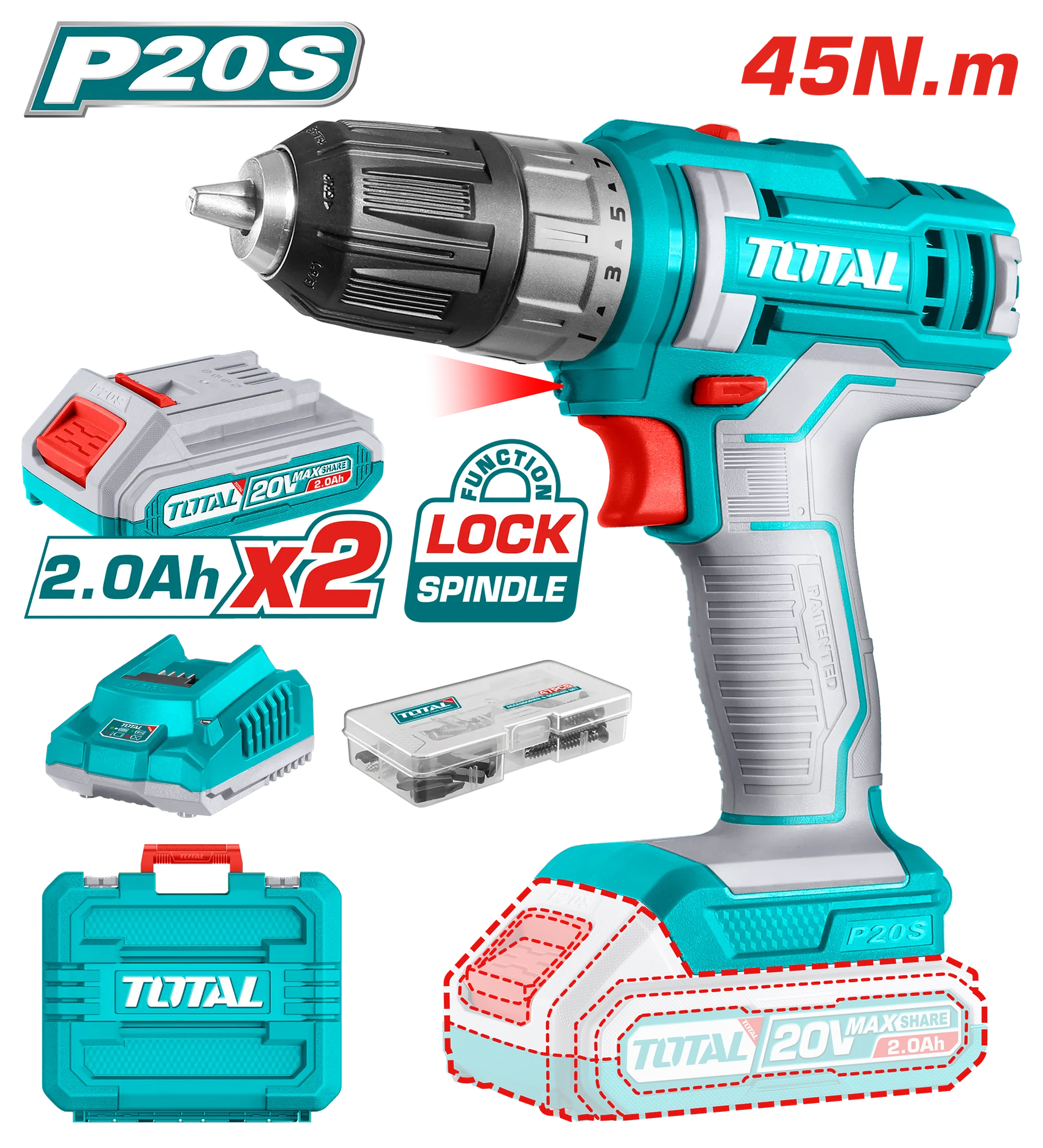 ШТРАФИЛИЦА 45Nm 20V 2×2.0Ah TOTAL TDLI200528